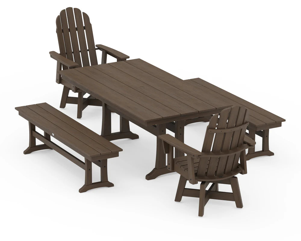 Vineyard Curveback Adirondack Swivel Chair 5-Piece Farmhouse Dining Set With Trestle Legs and Benches