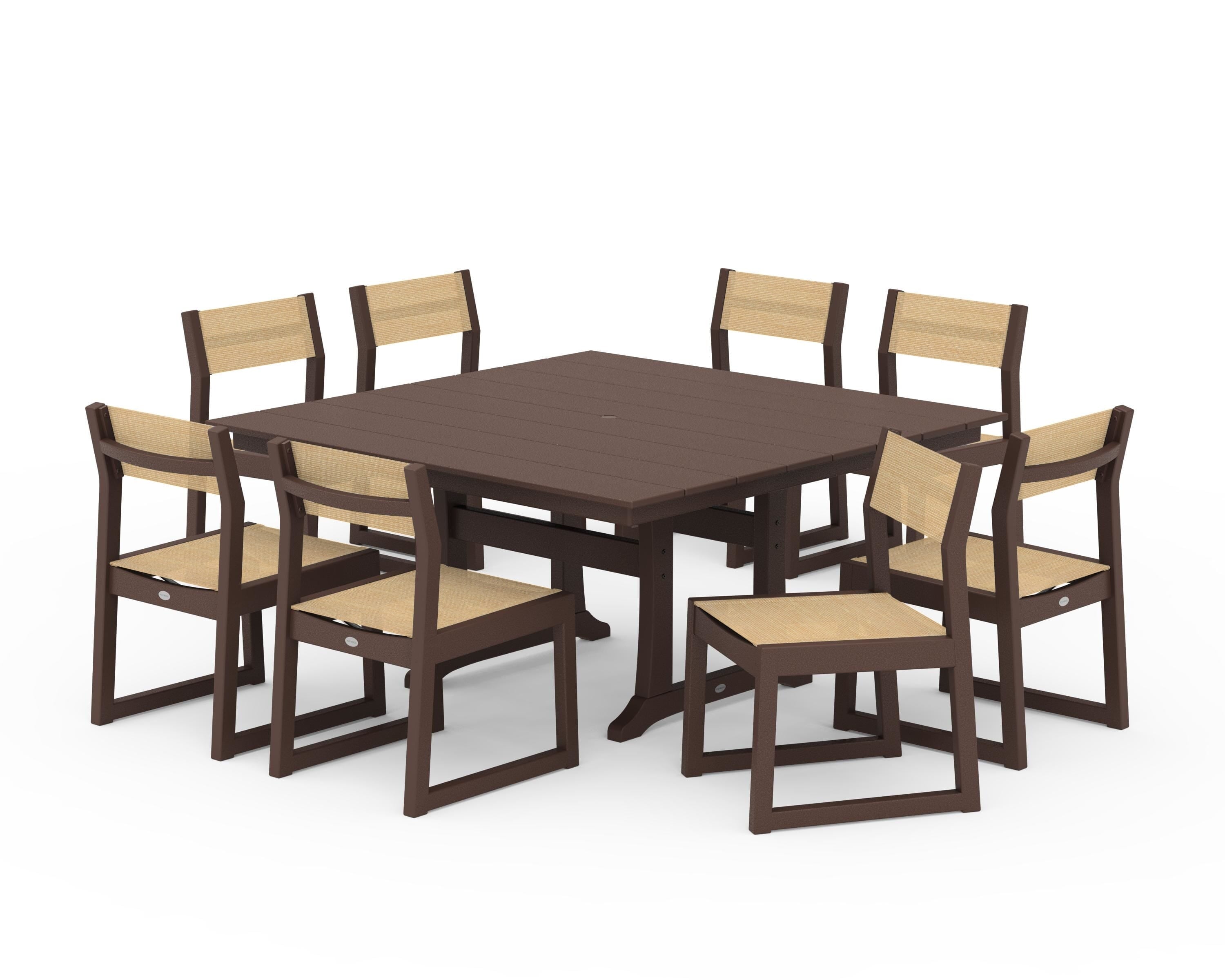 POLYWOOD® EDGE Sling Side Chair 9-Piece Farmhouse Trestle Dining Set in Mahogany / Dupioni Apricot Sling