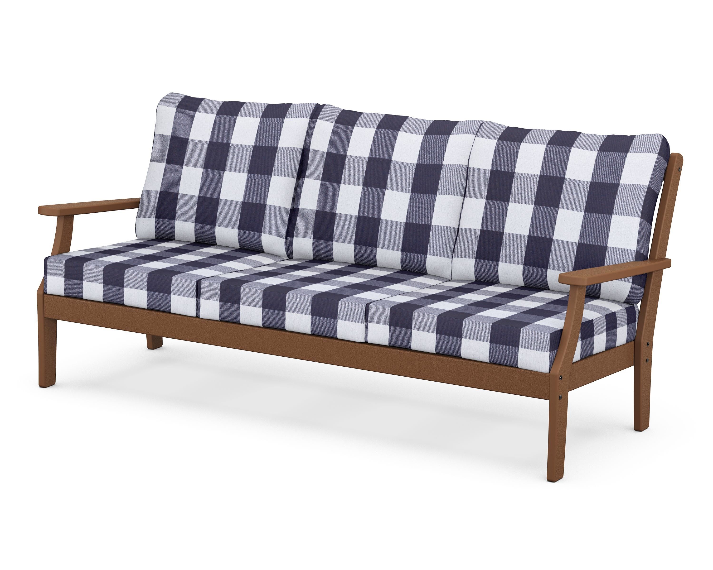 POLYWOOD® Braxton Deep Seating Sofa in Teak / Buffalo Plaid Navy