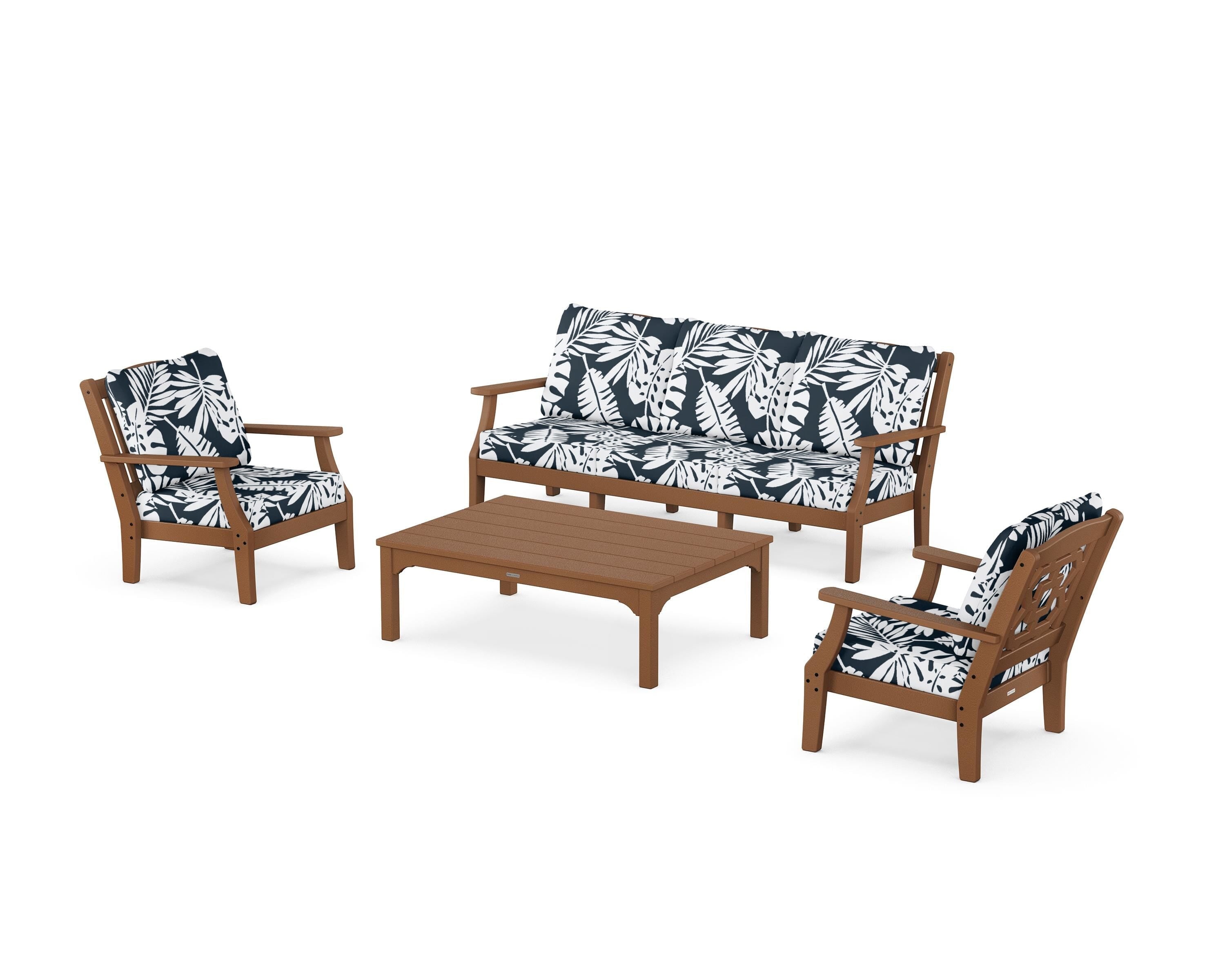 Martha Stewart by POLYWOOD® Chinoiserie 4-Piece Deep Seating Set with Sofa in Teak / Leaf Marine Indigo