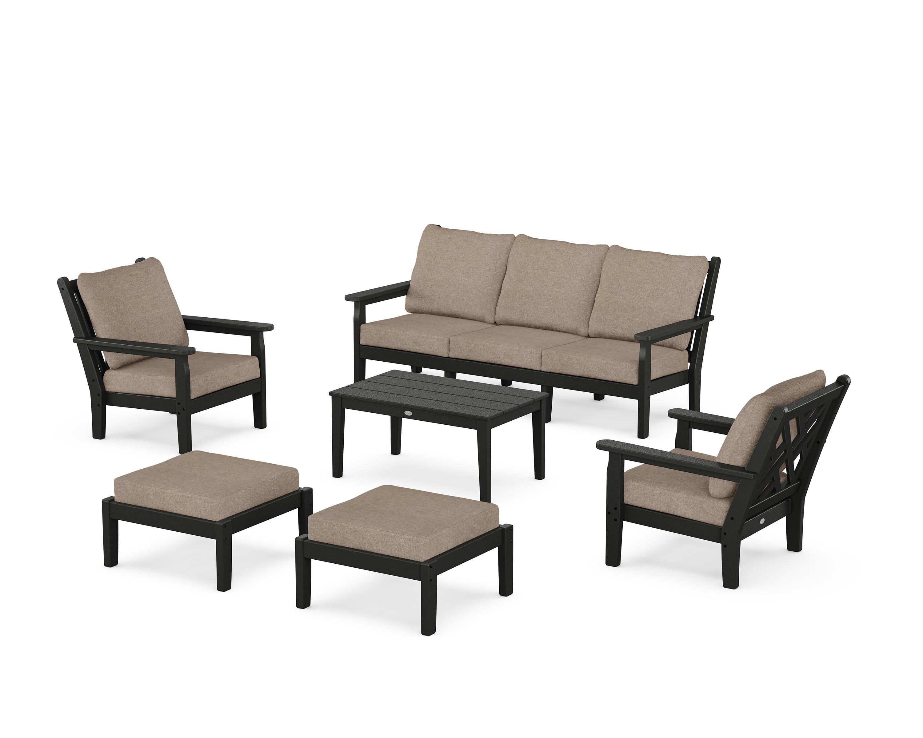 POLYWOOD® Chippendale 6-Piece Lounge Sofa Set in Black / Spiced Burlap
