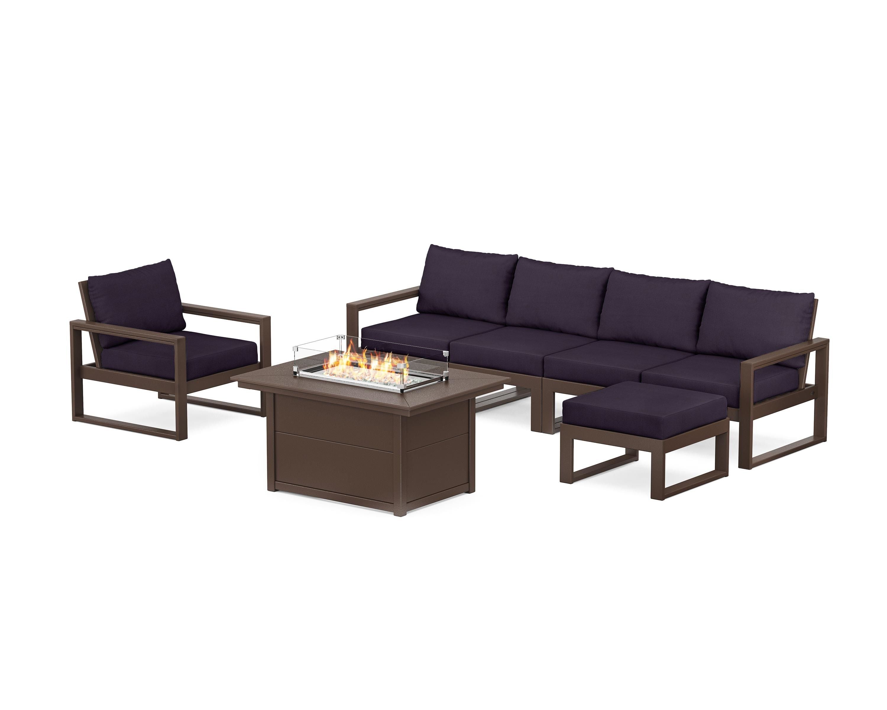 POLYWOOD® EDGE Sectional Lounge and Fire Pit Set in Mahogany / Navy Linen