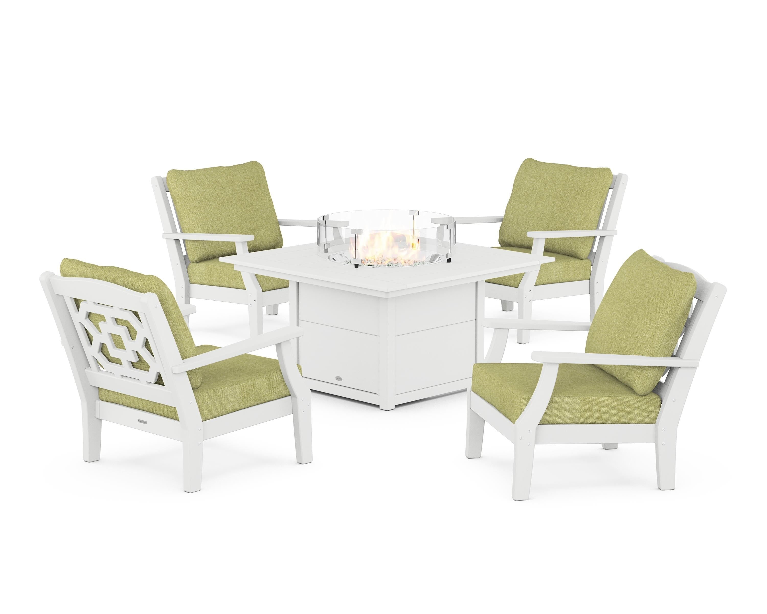 Martha Stewart by POLYWOOD® Chinoiserie 5-Piece Deep Seating Set with Fire Pit Table in White / Chartreuse Boucle