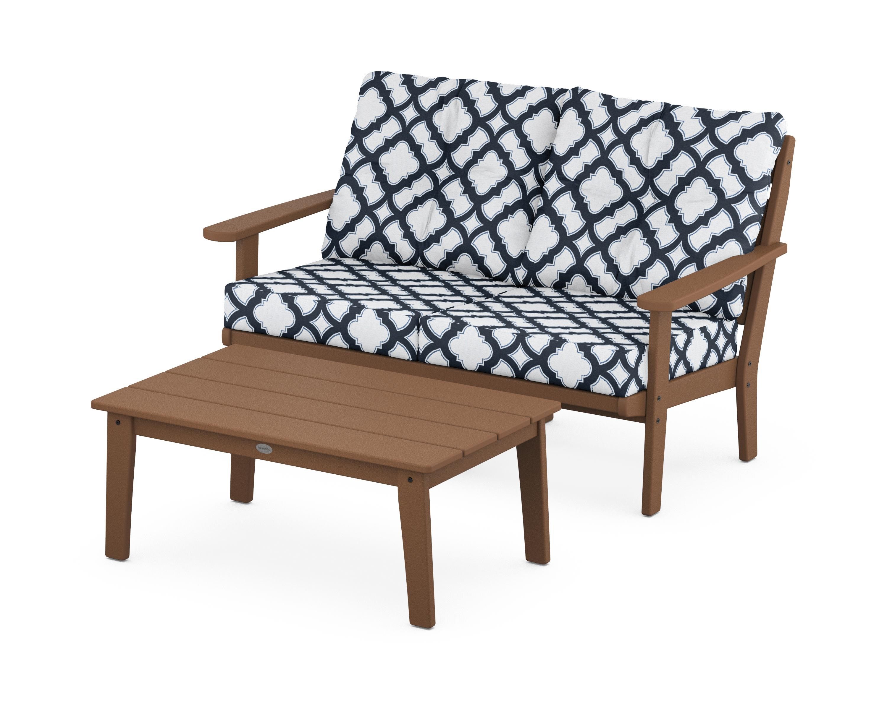POLYWOOD® Lakeside 2-Piece Lounge Loveseat Set in Teak / Trellis Marine Indigo