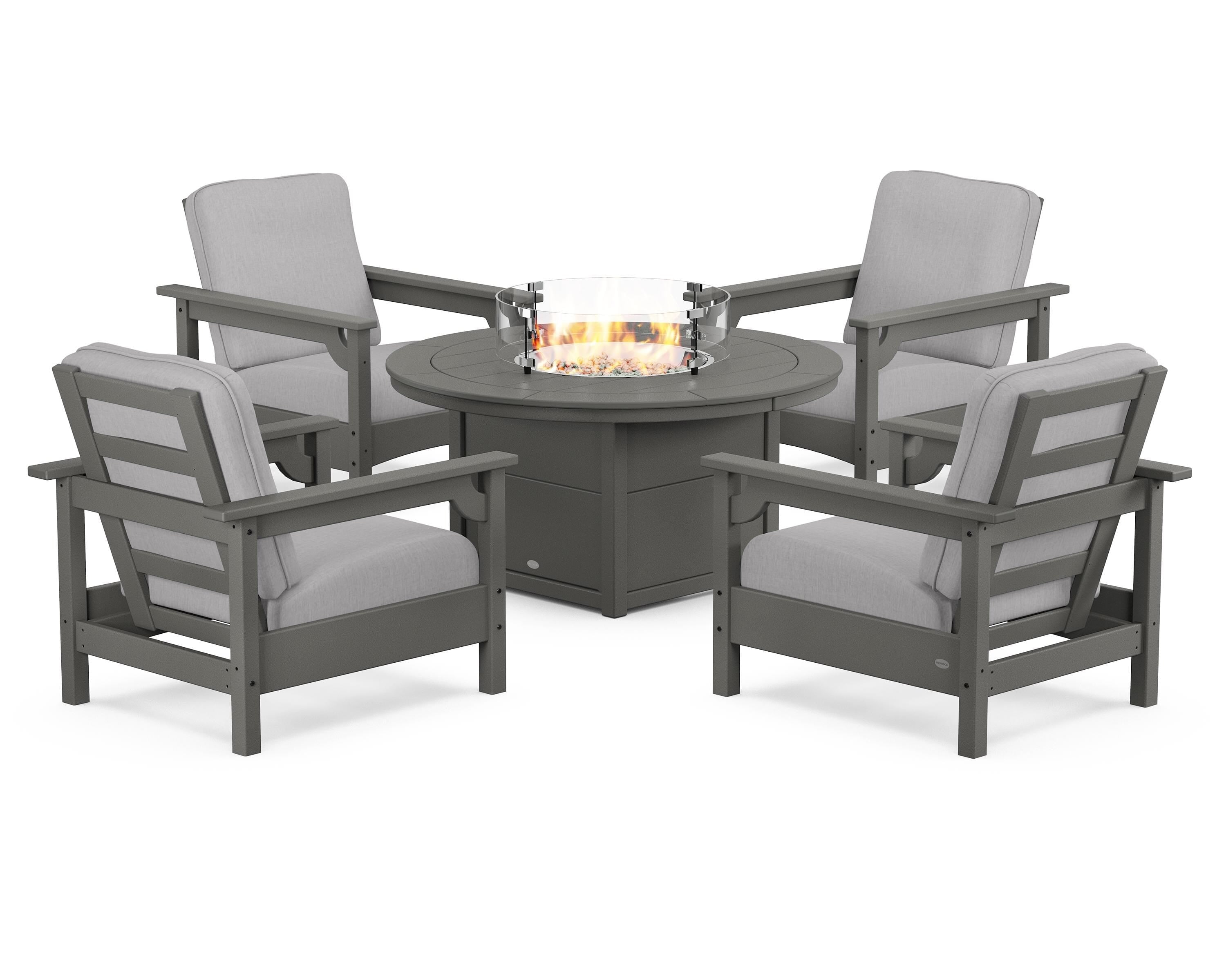 POLYWOOD® Club 5-Piece Conversation Set with Fire Pit Table in Slate Grey / Granite