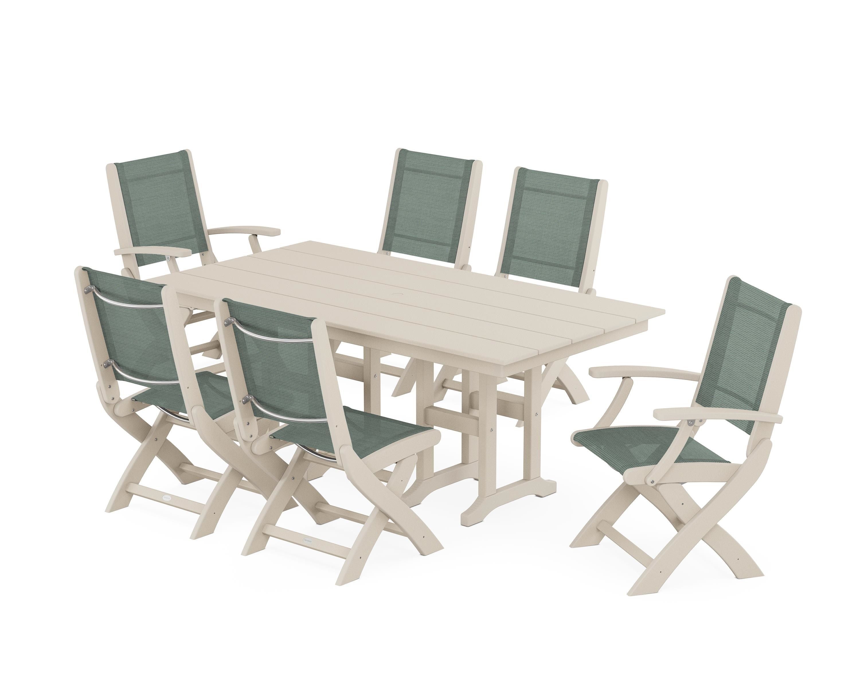 POLYWOOD® Coastal Folding Chair 7-Piece Farmhouse Dining Set in Sand / Dupioni Sea Mist Sling