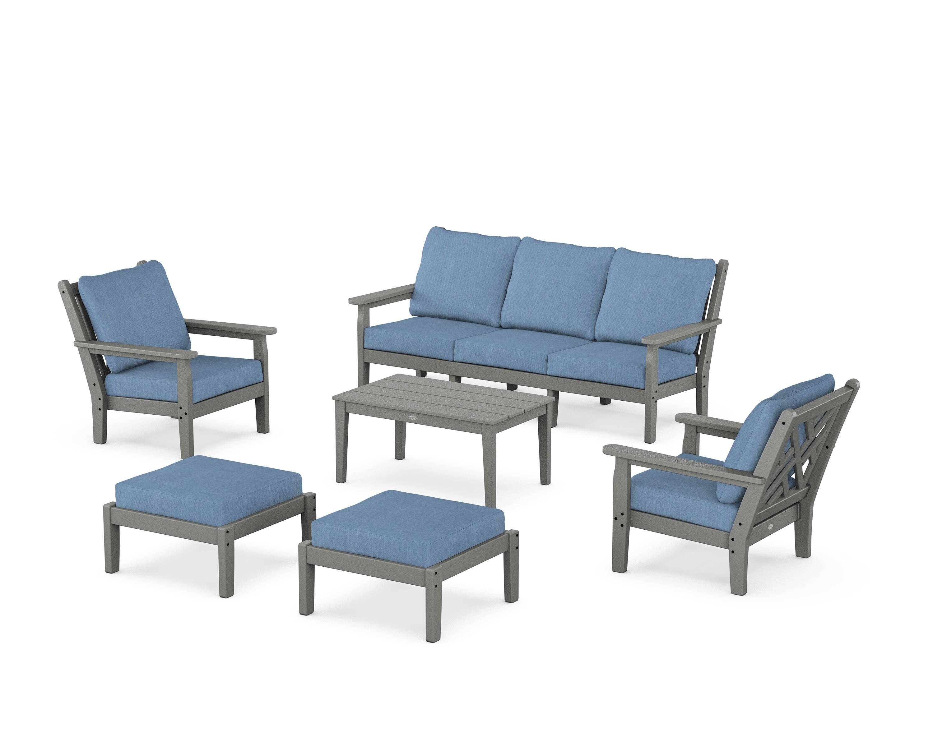 POLYWOOD® Chippendale 6-Piece Lounge Sofa Set in Slate Grey / Sky Blue