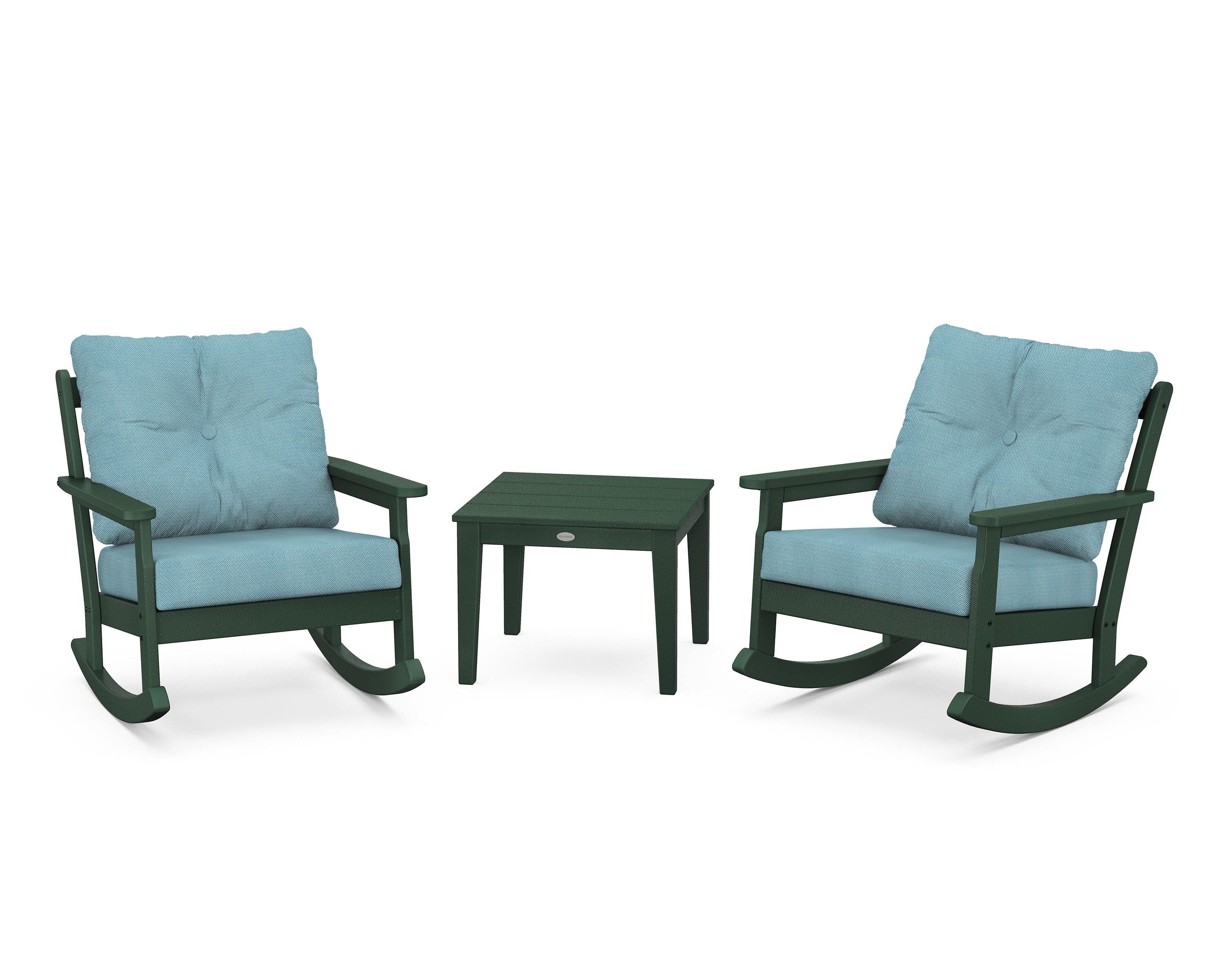 POLYWOOD® Vineyard 3-Piece Deep Seating Rocker Set in Green / Lattice Sky Blue