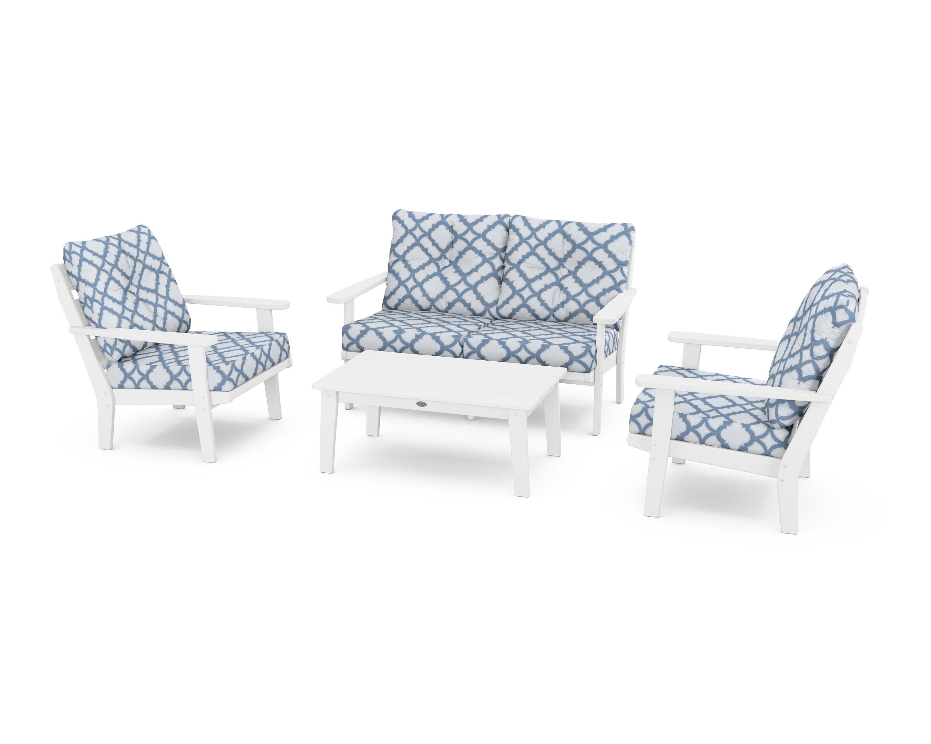 POLYWOOD® Lakeside 4-Piece Deep Seating Set in White / Trellis Sky Blue