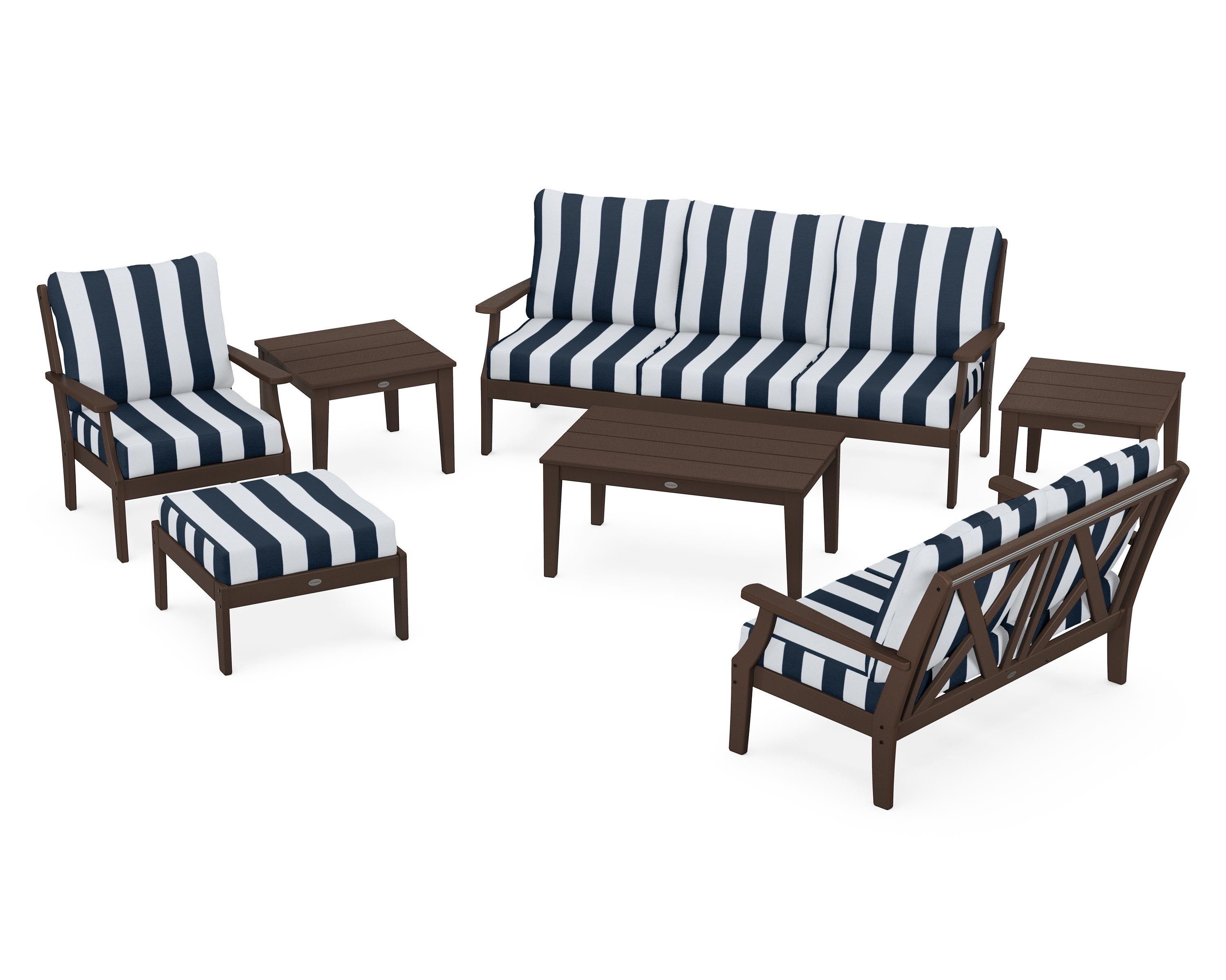 POLYWOOD® Braxton 7-Piece Deep Seating Set in Mahogany / Cabana Stripe Marine Indigo