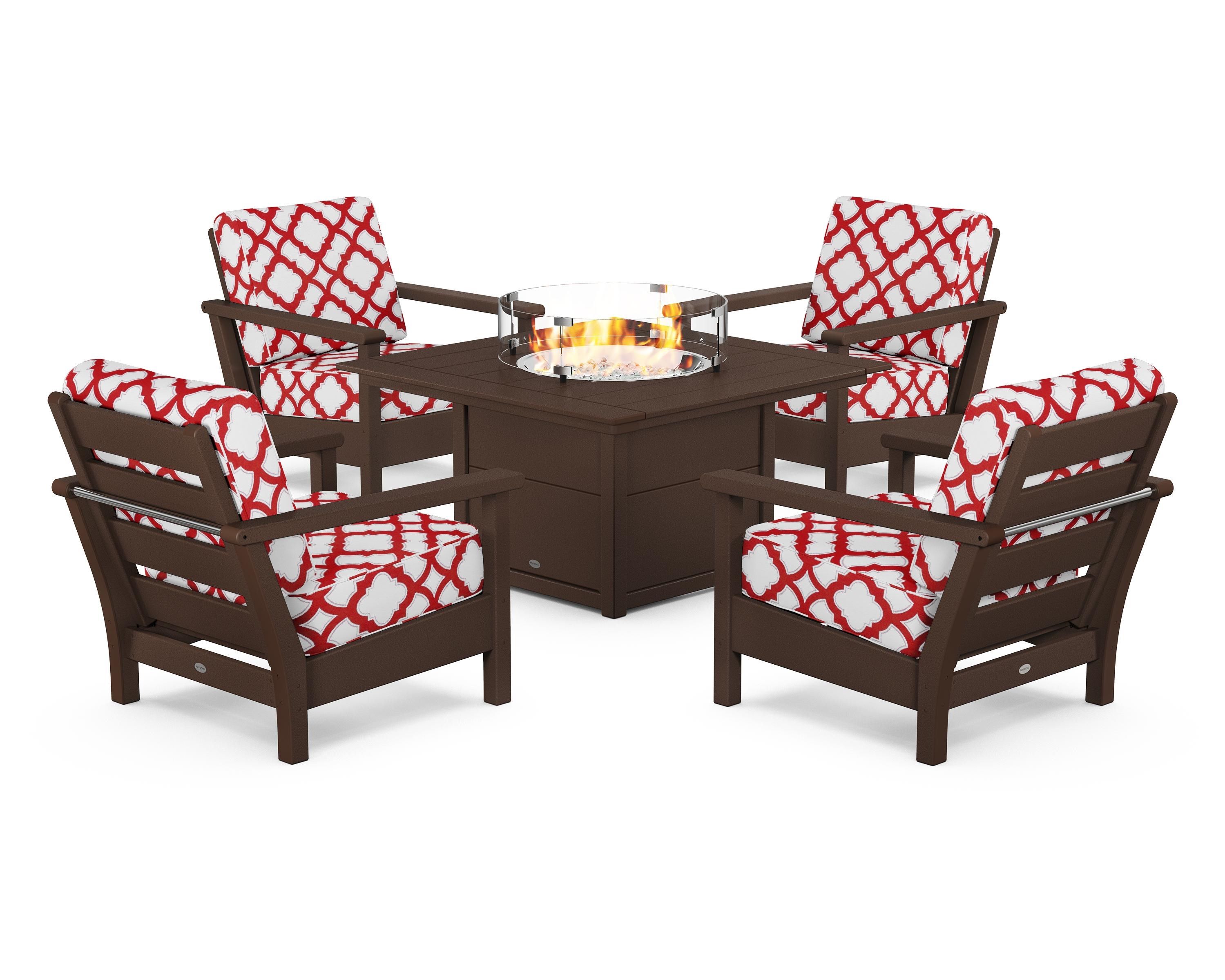 POLYWOOD® Harbour 5-Piece Conversation Set with Fire Pit Table in Mahogany / Trellis Crimson