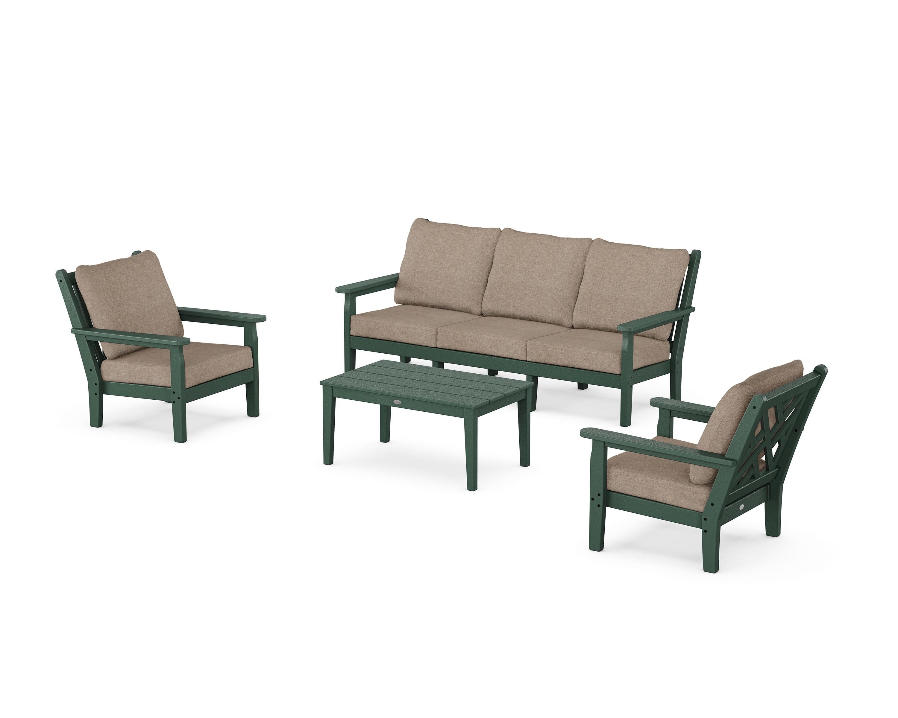 POLYWOOD® Chippendale 4-Piece Deep Seating Set with Sofa in Green / Spiced Burlap