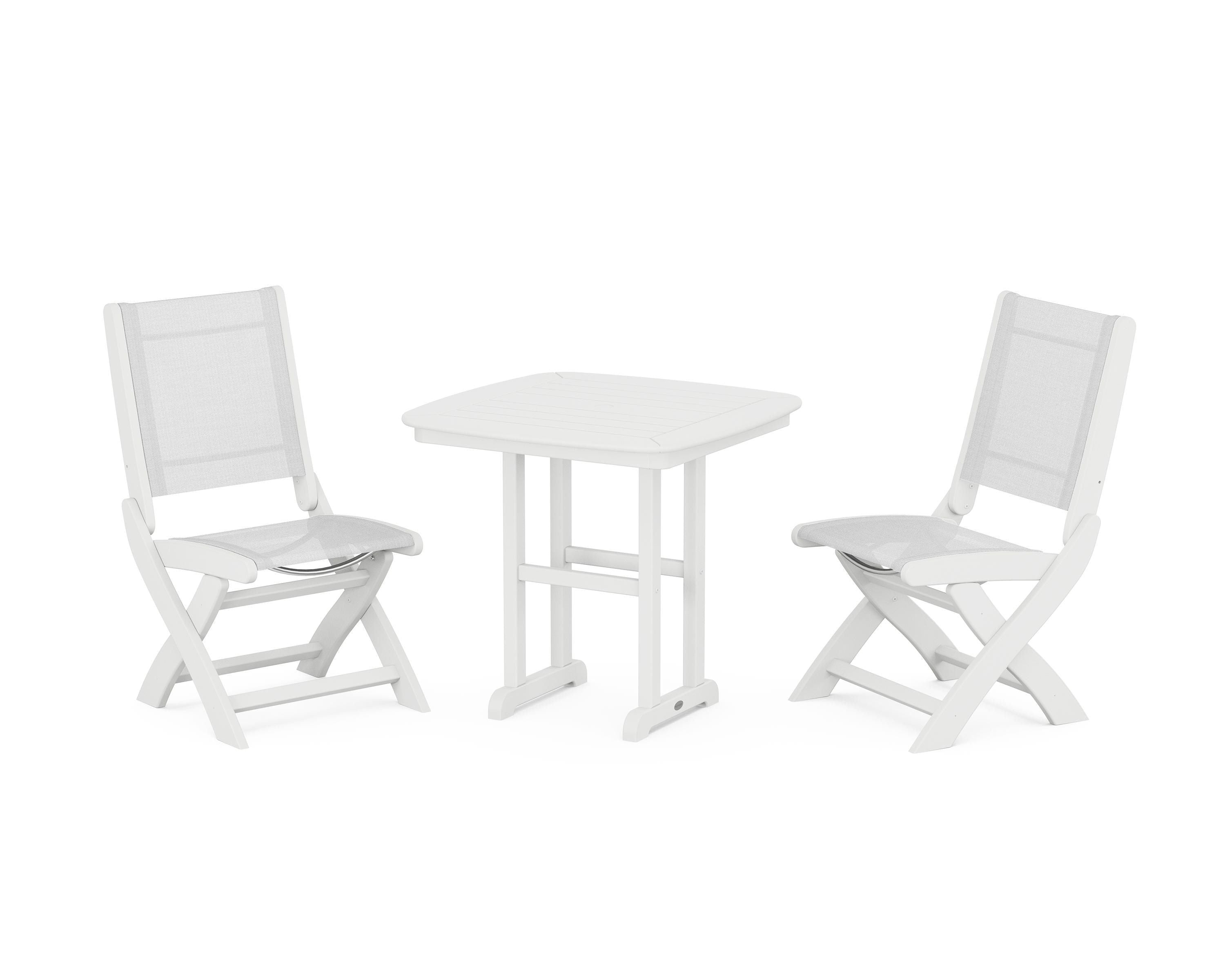 POLYWOOD® Coastal Folding Side Chair 3-Piece Dining Set in White / White Sling