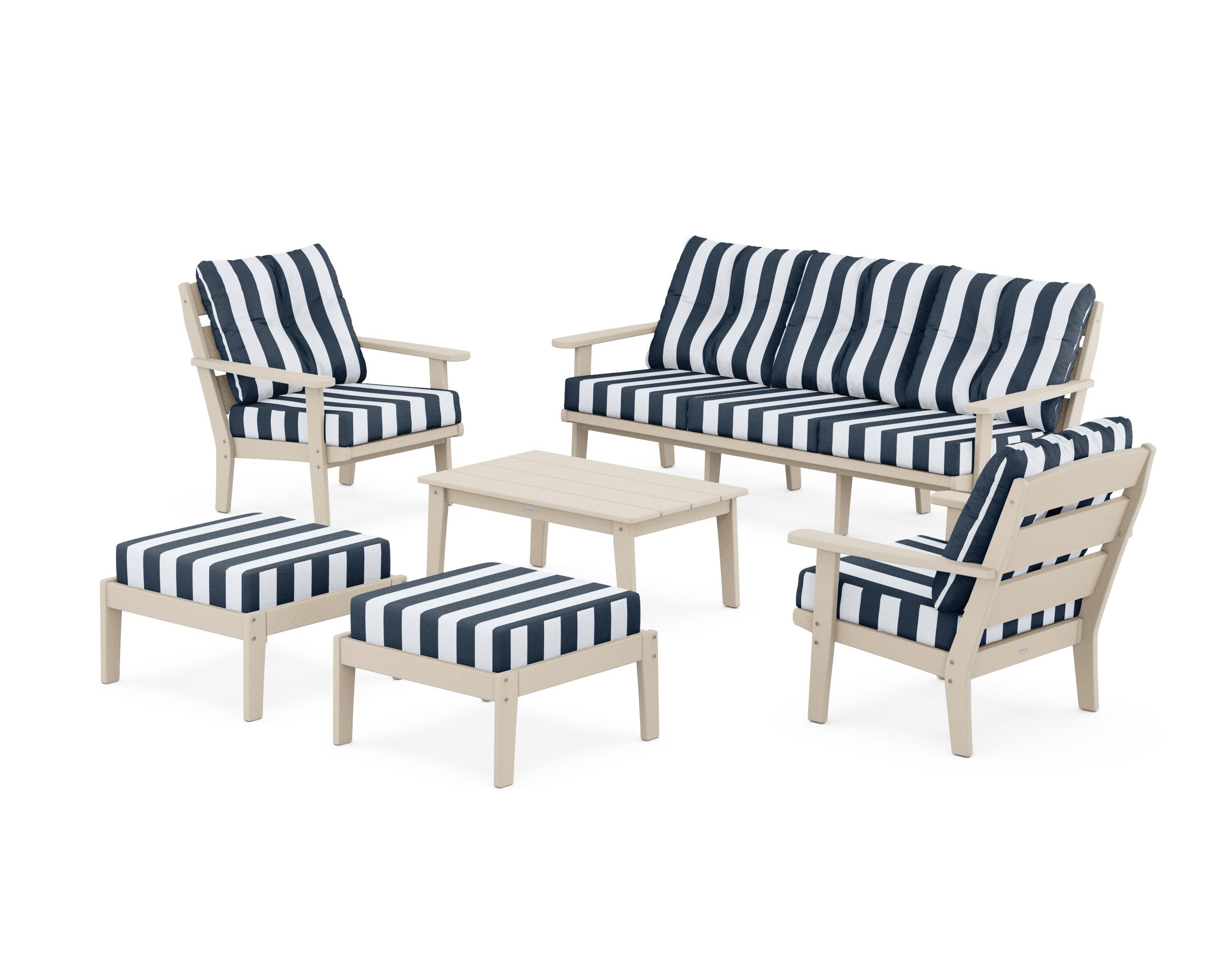 POLYWOOD® Lakeside 6-Piece Lounge Sofa Set in Sand / Cabana Stripe Marine Indigo