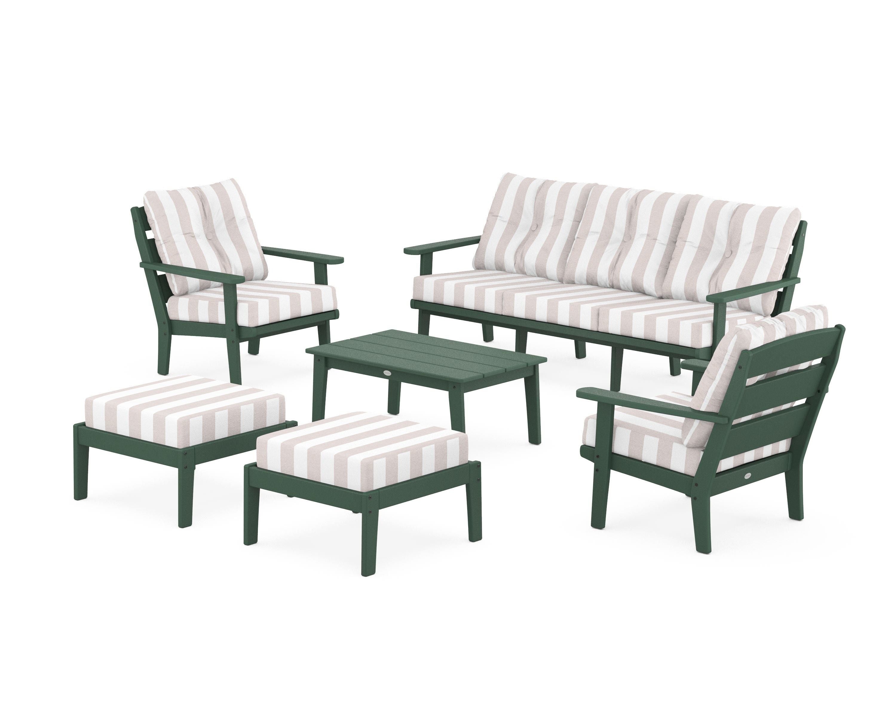 POLYWOOD® Lakeside 6-Piece Lounge Sofa Set in Green / Cabana Stripe Dune Burlap