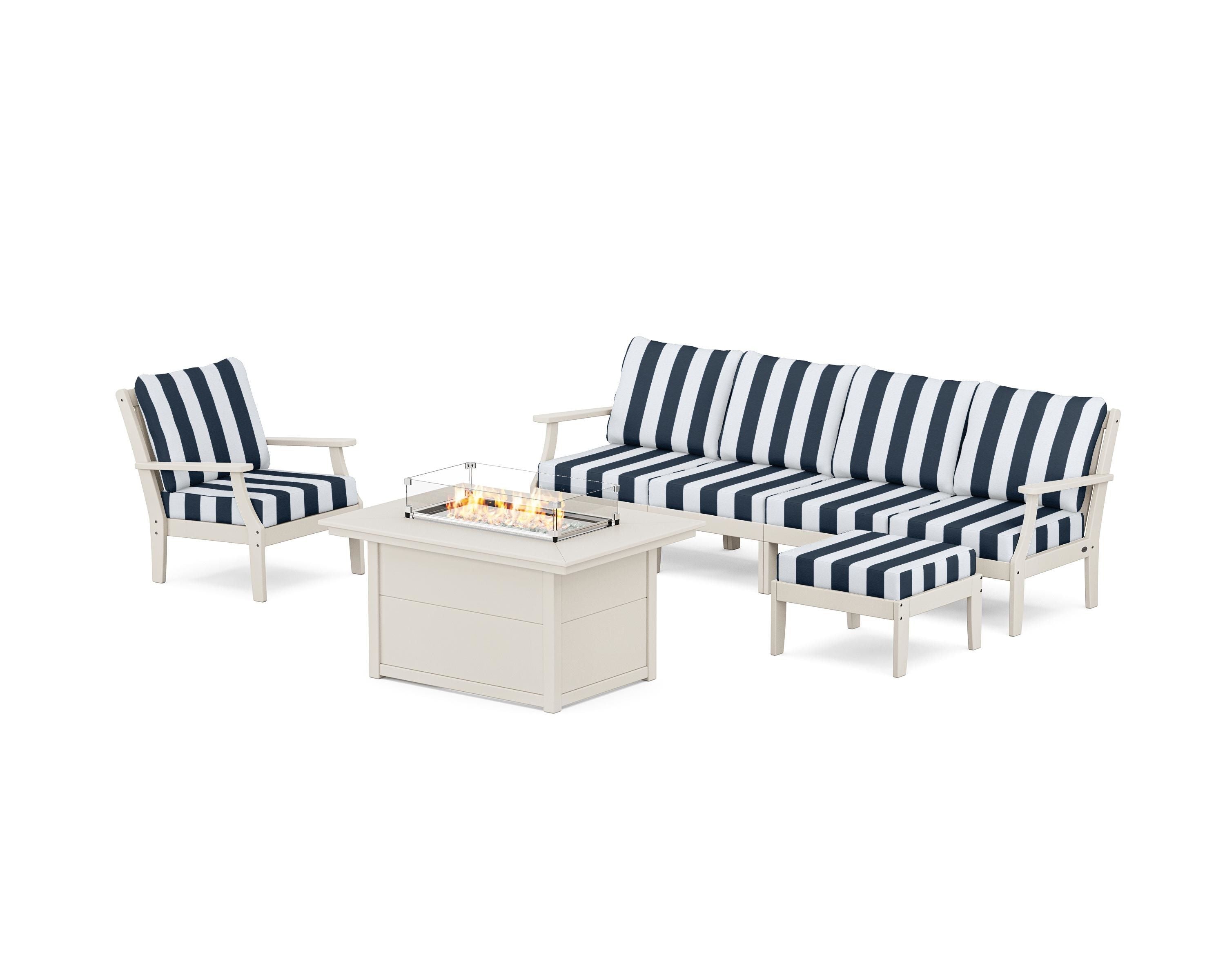 POLYWOOD® Braxton Sectional Lounge and Fire Pit Set in Sand / Cabana Stripe Marine Indigo