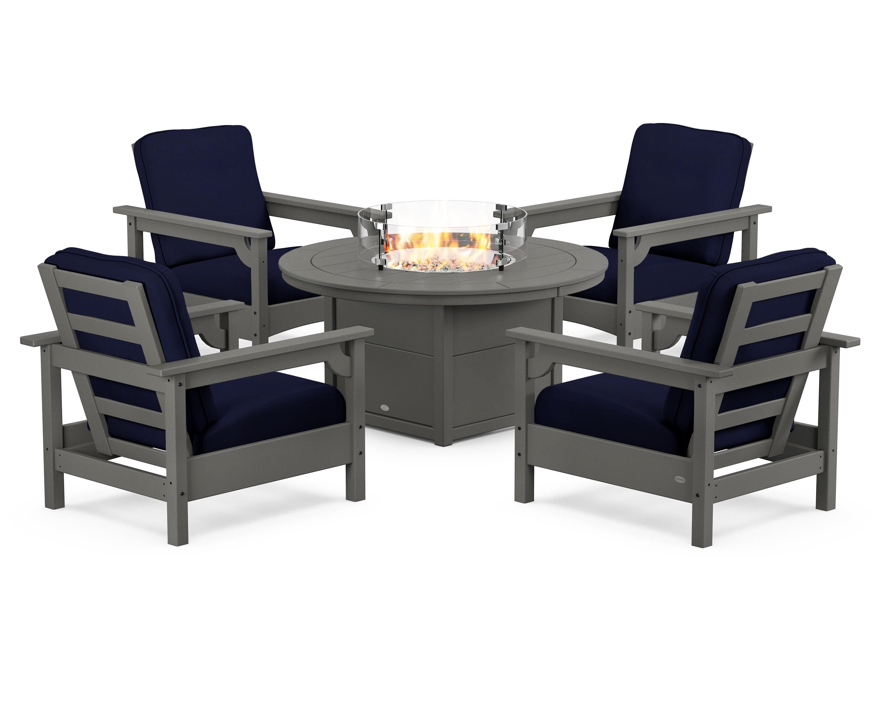 POLYWOOD® Club 5-Piece Conversation Set with Fire Pit Table in Slate Grey / Navy