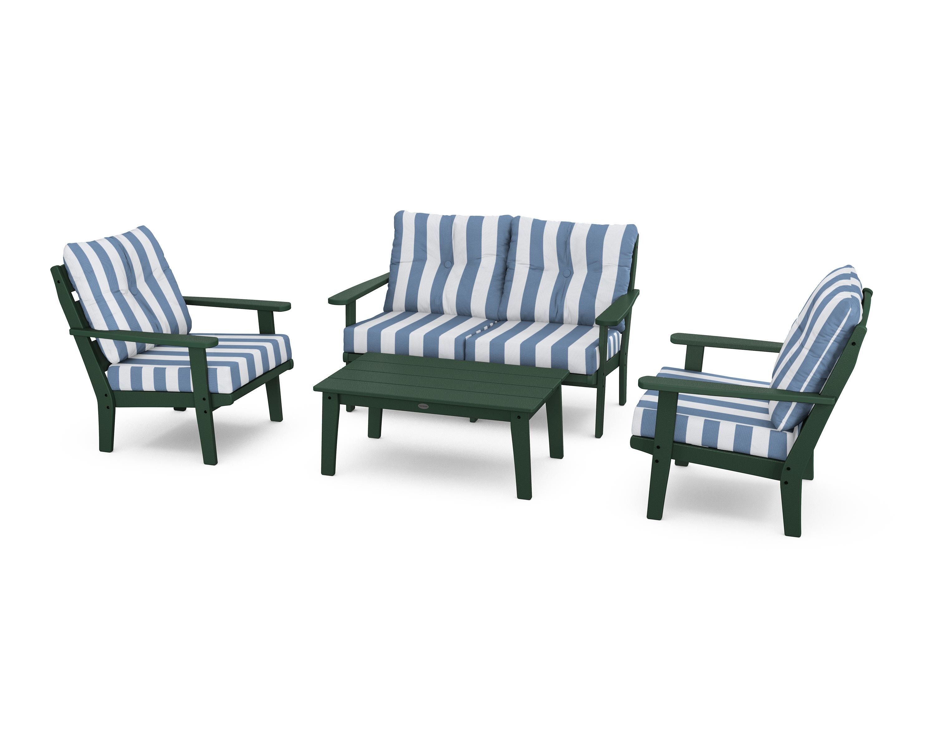 POLYWOOD® Lakeside 4-Piece Deep Seating Set in Green / Cabana Stripe Sky Blue
