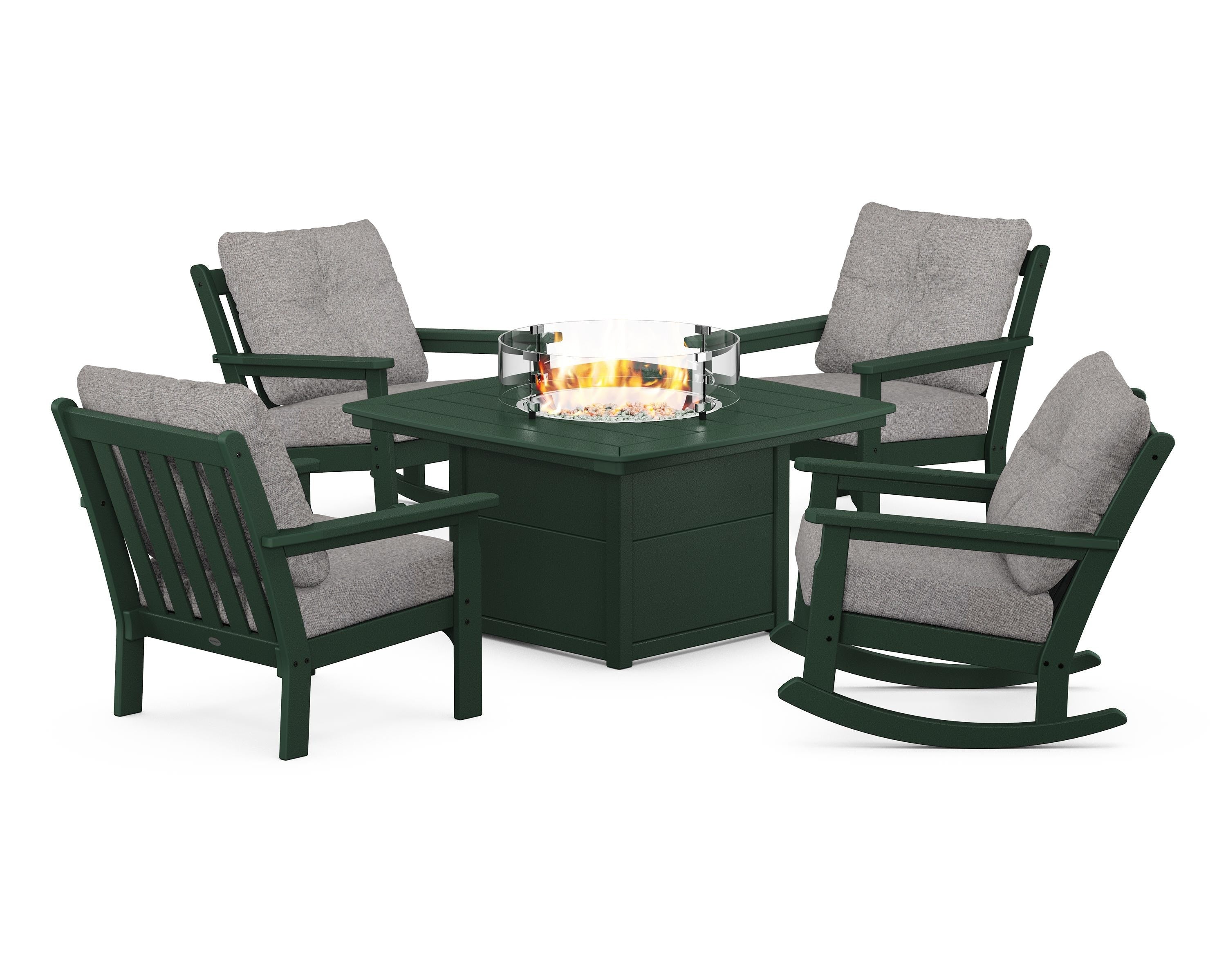 POLYWOOD® Vineyard 5-Piece Deep Seating Rocking Chair Conversation Set with Fire Pit Table in Green / Grey Mist