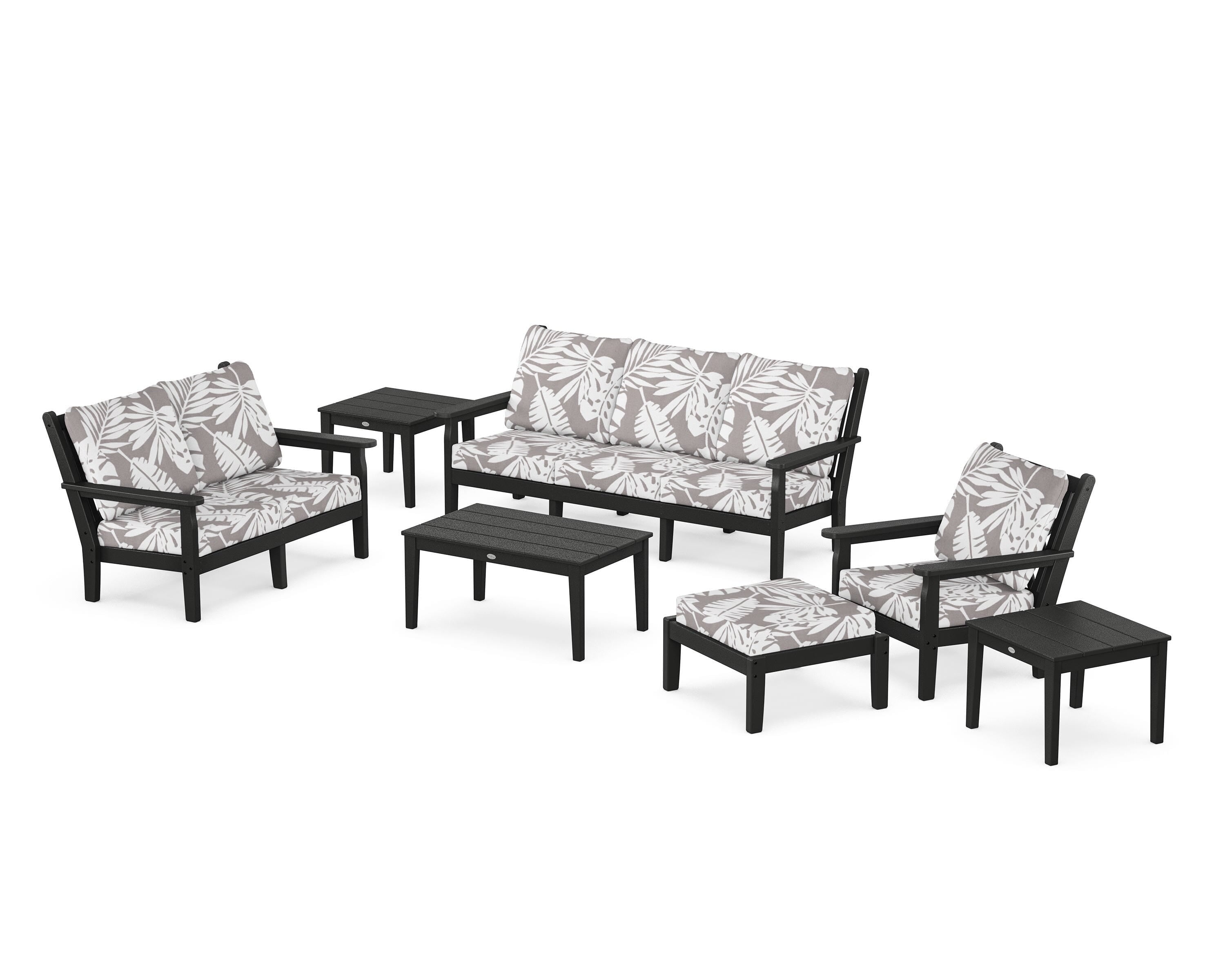 POLYWOOD® Chippendale 7-Piece Deep Seating Set in Black / Leaf Grey Mist
