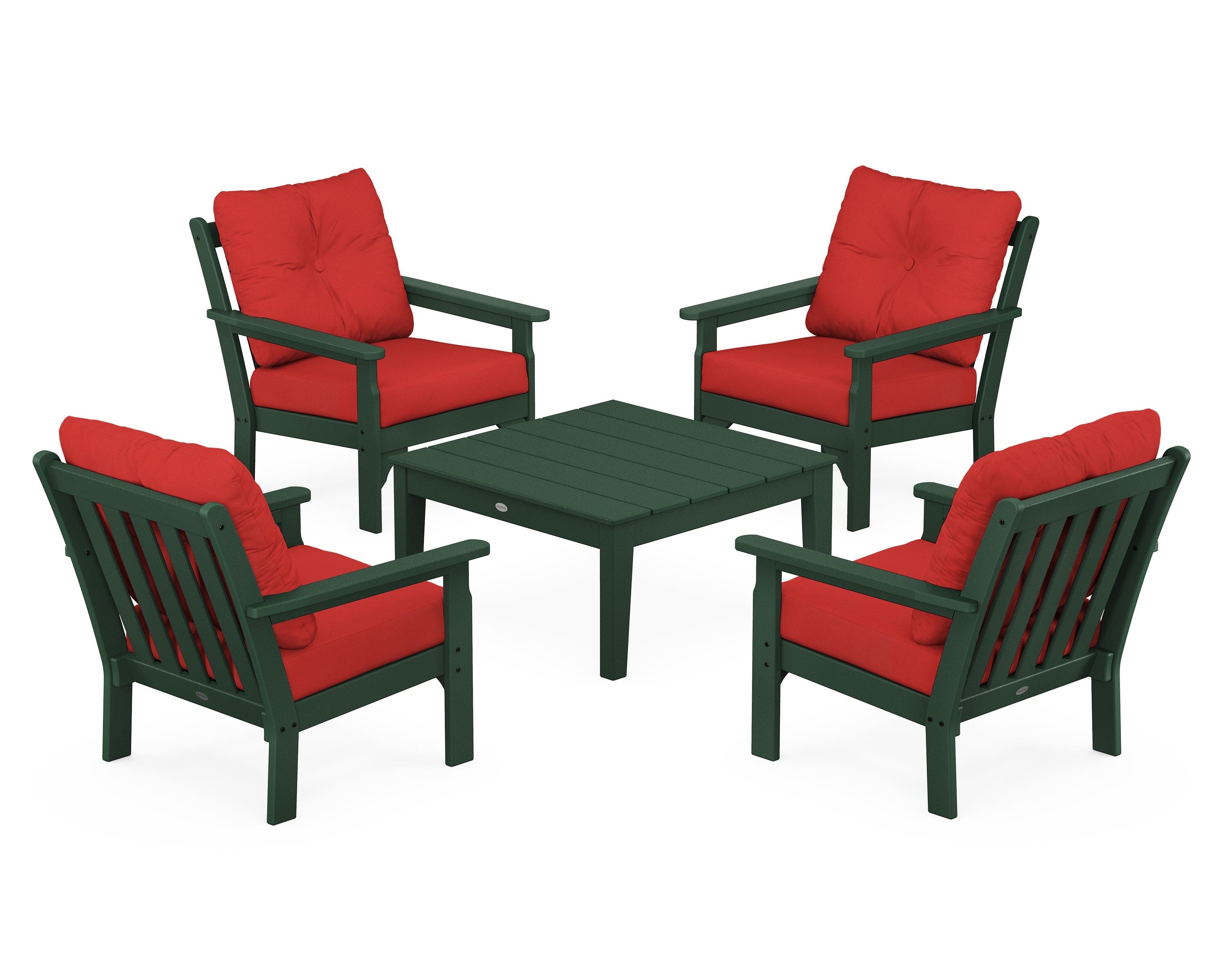 POLYWOOD® Vineyard 5-Piece Deep Seating Conversation Set in Green / Crimson Linen