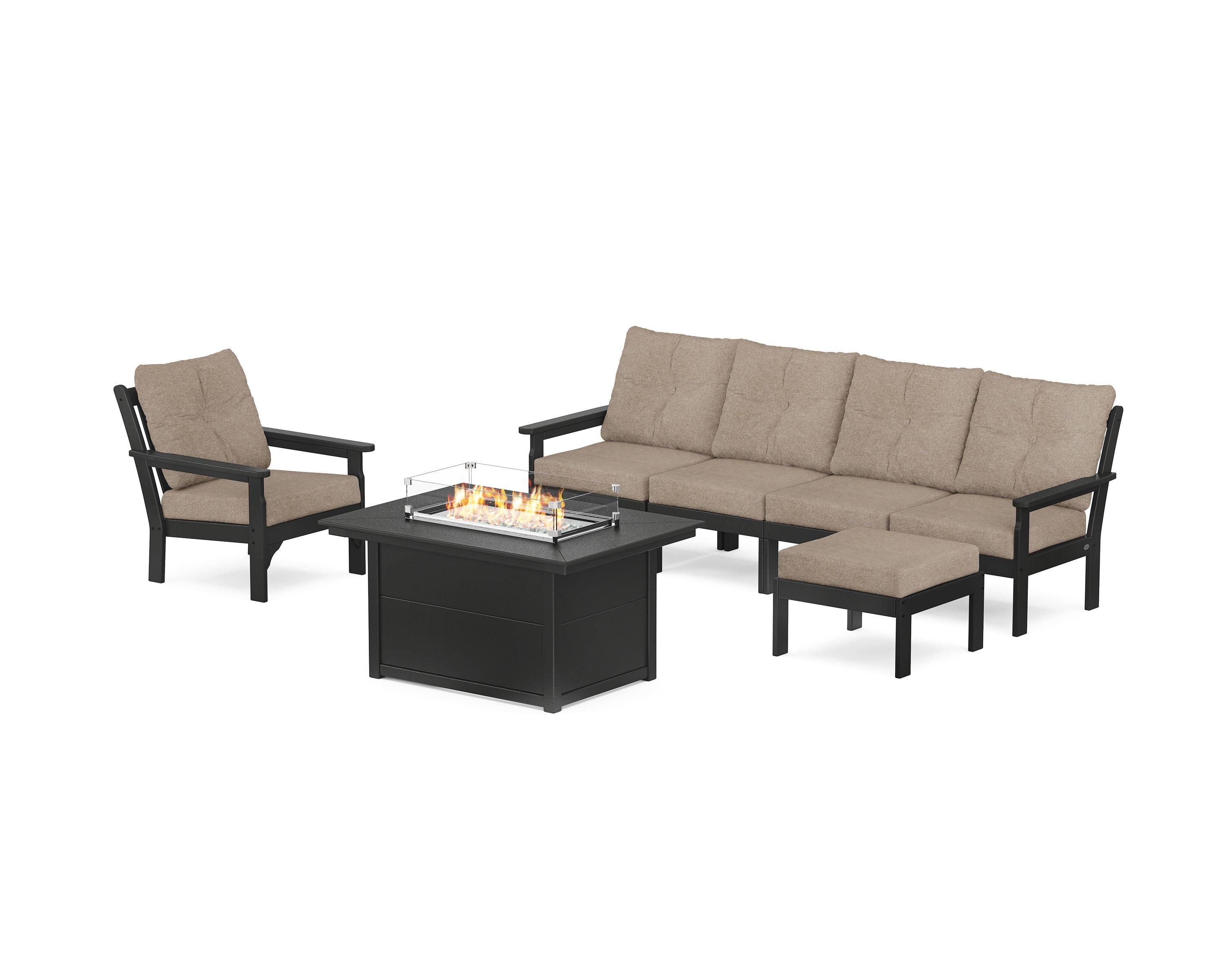 POLYWOOD® Vineyard Sectional Lounge and Fire Pit Set in Black / Spiced Burlap