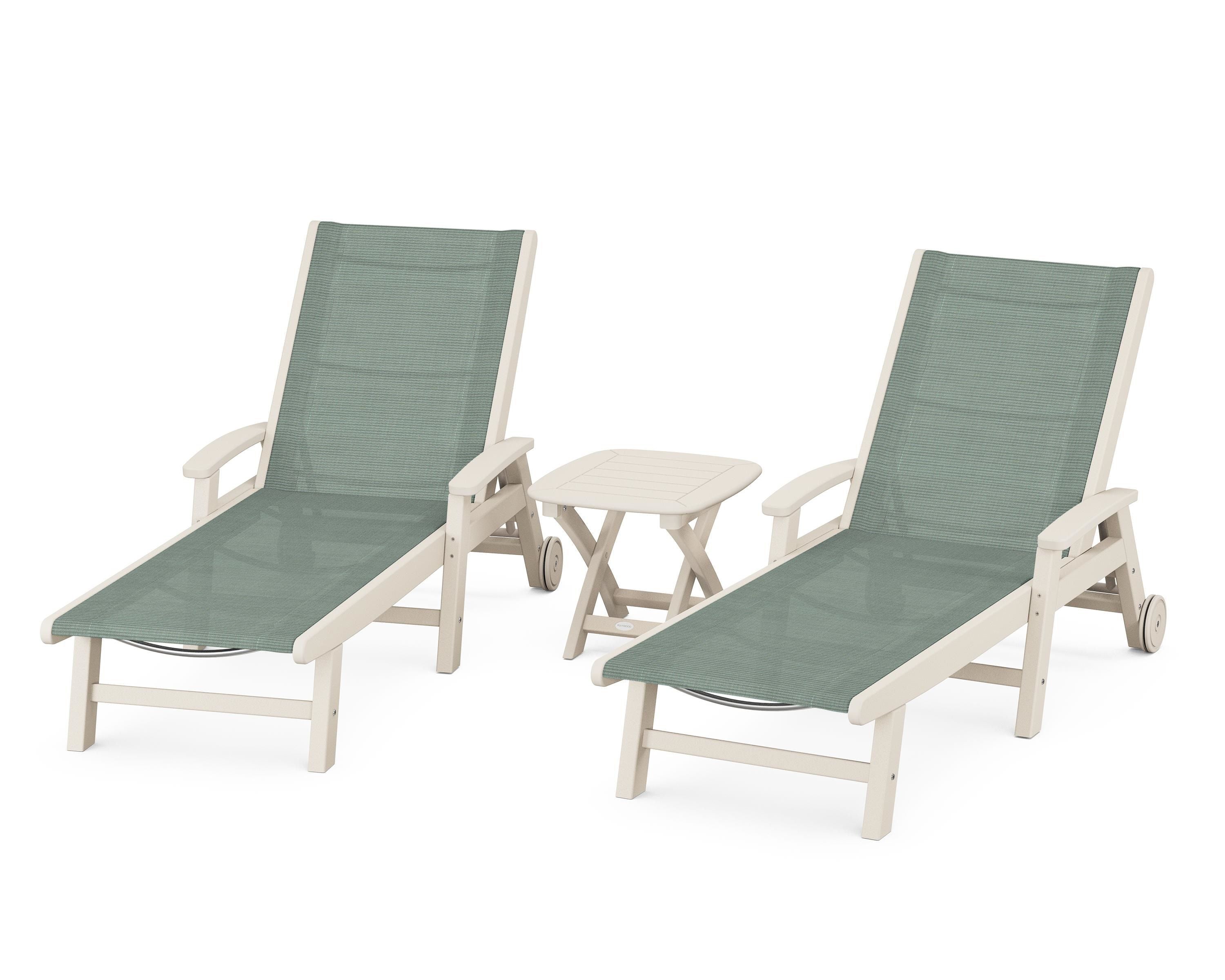 POLYWOOD® Coastal 3-Piece Wheeled Chaise Set in Sand / Dupioni Sea Mist Sling