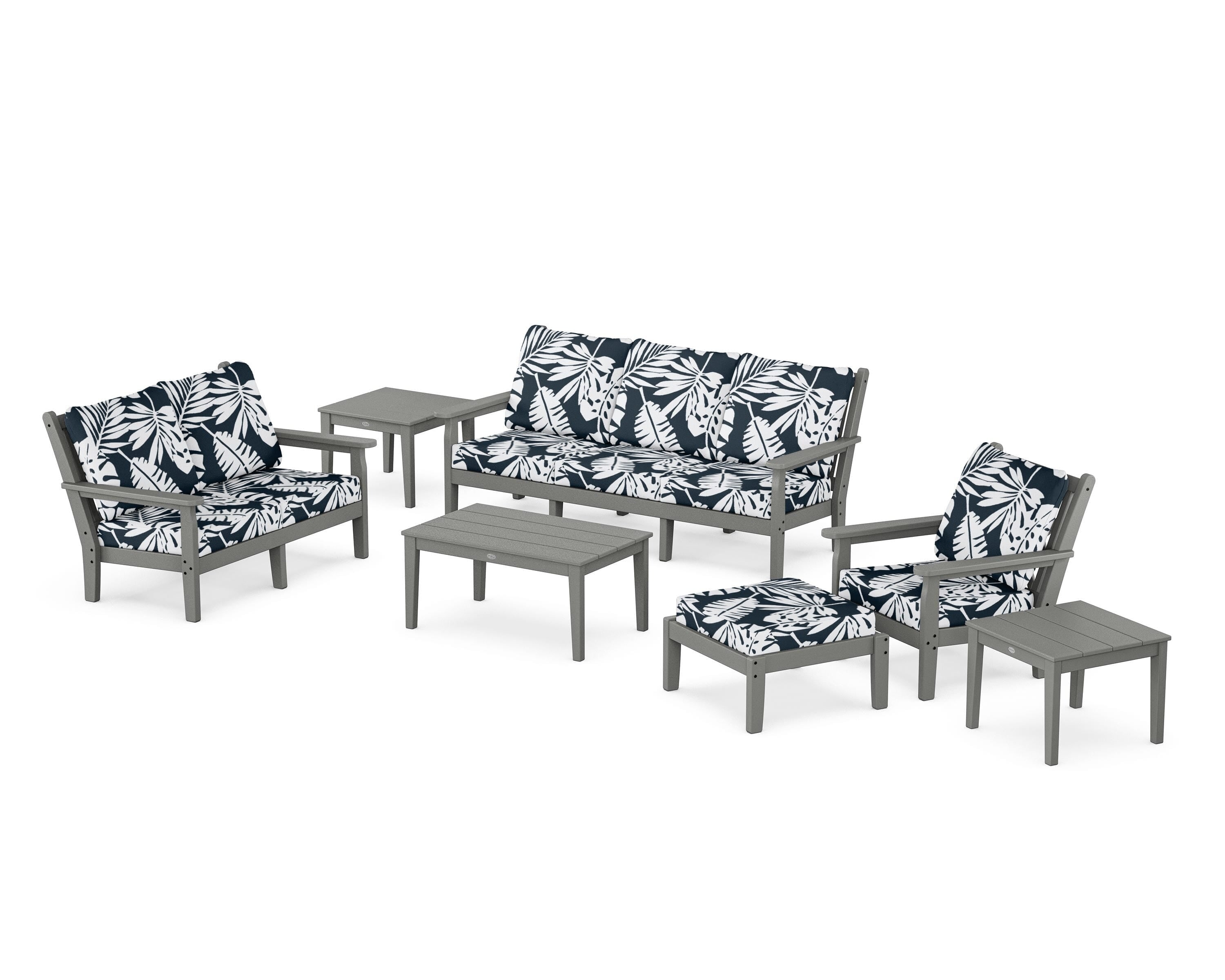 POLYWOOD® Chippendale 7-Piece Deep Seating Set in Slate Grey / Leaf Marine Indigo