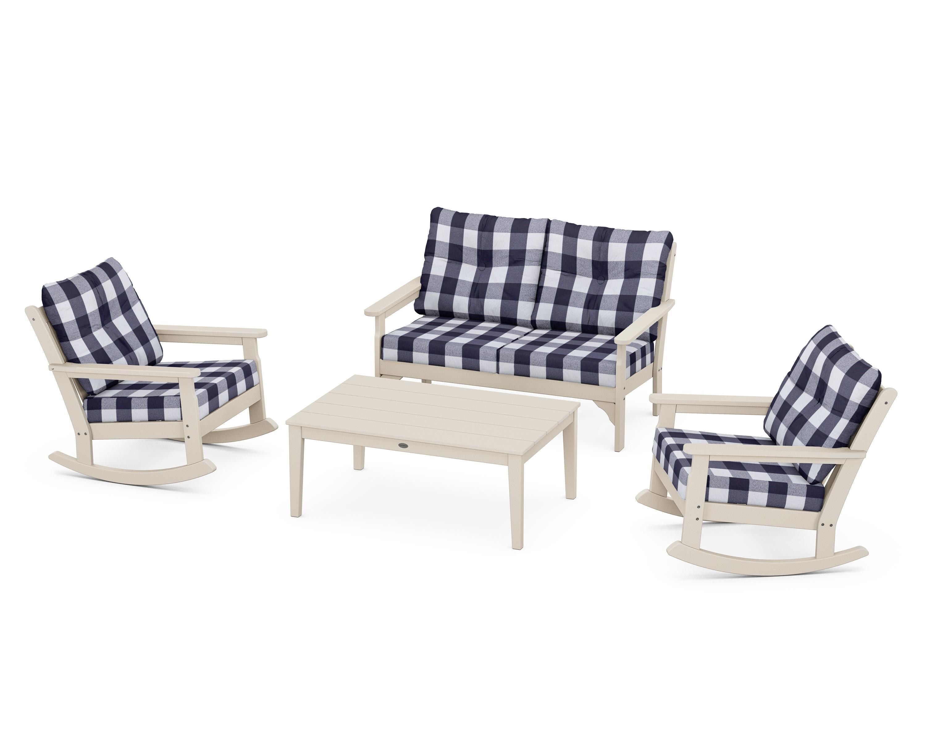 POLYWOOD® Vineyard 4-Piece Deep Seating Rocking Chair Set in Sand / Buffalo Plaid Navy