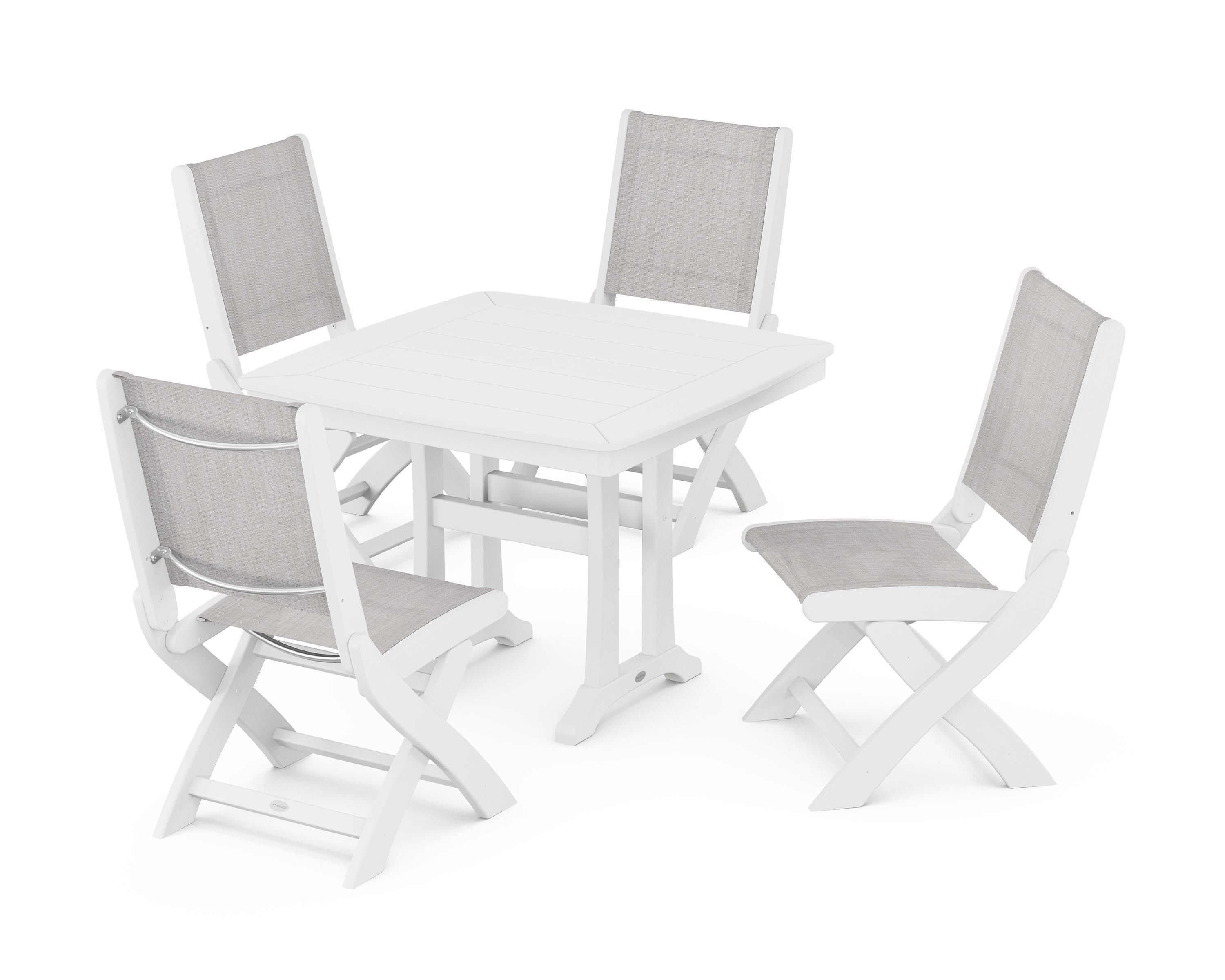 POLYWOOD® Coastal Folding Side Chair 5-Piece Dining Set with Trestle Legs in White / Parchment Sling