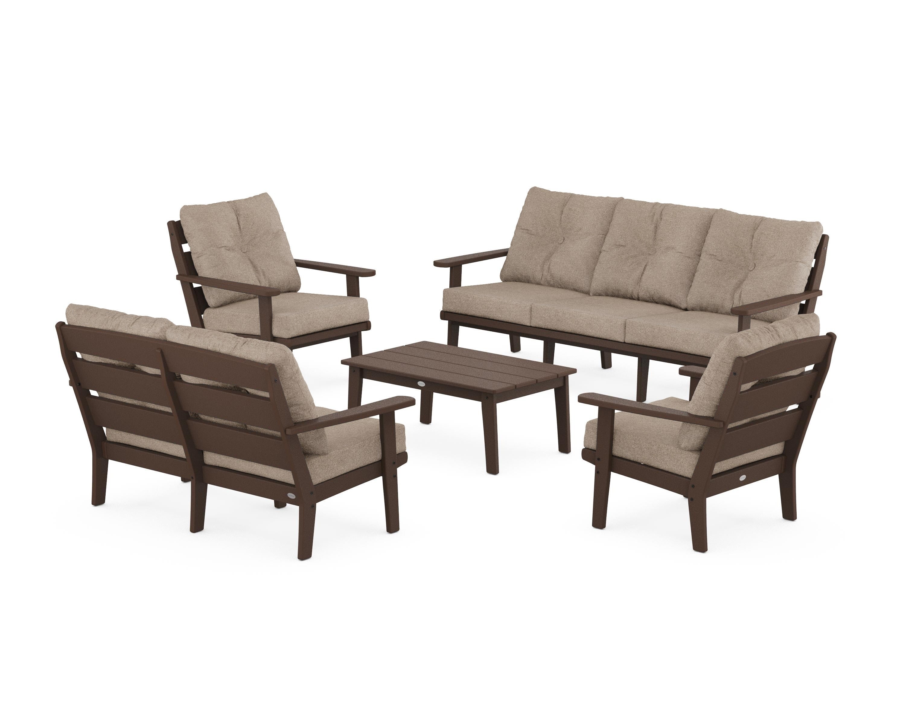 POLYWOOD® Lakeside 5-Piece Lounge Sofa Set in Mahogany / Spiced Burlap