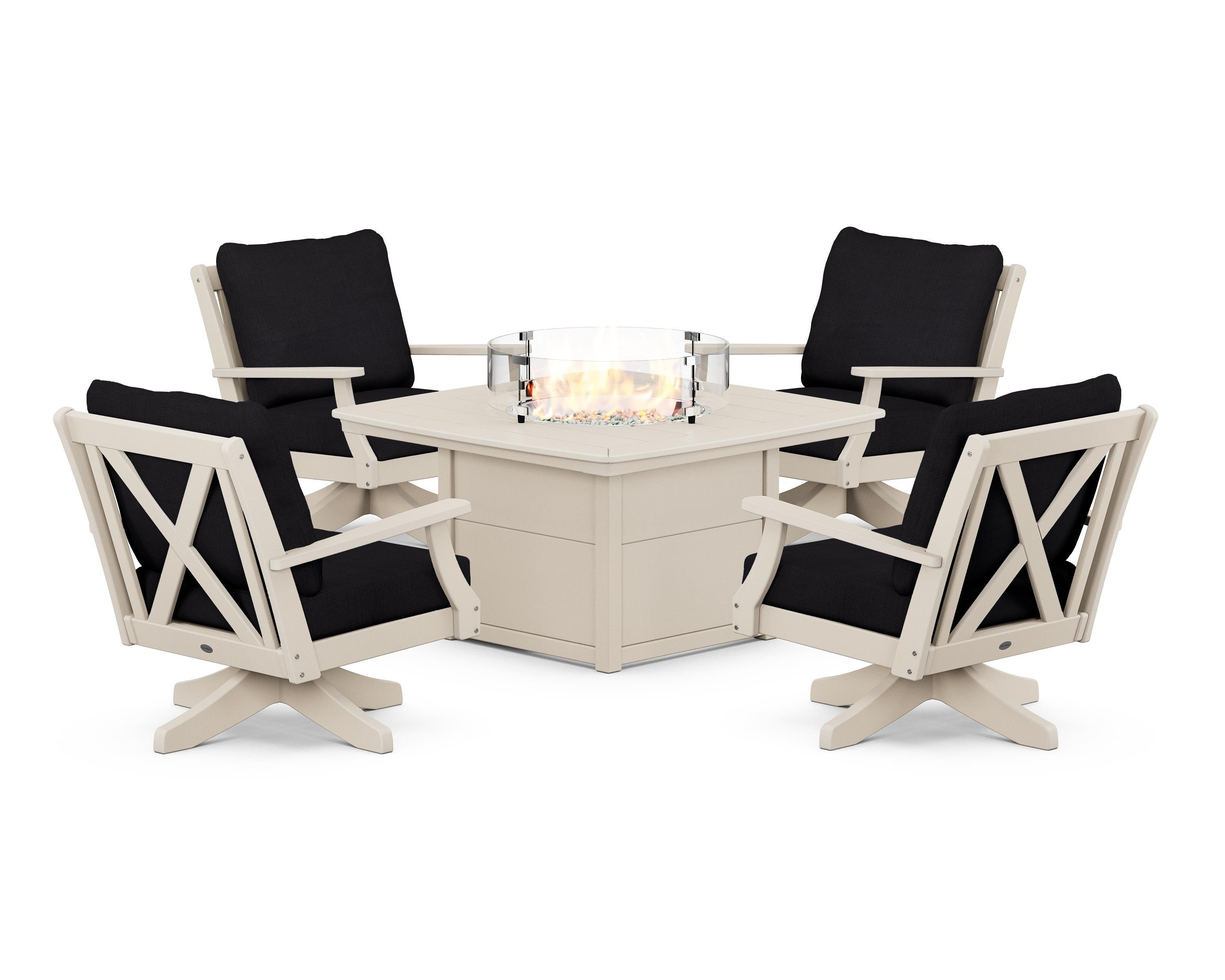 POLYWOOD® Braxton 5-Piece Deep Seating Swivel Conversation Set with Fire Pit Table in Sand / Midnight Linen