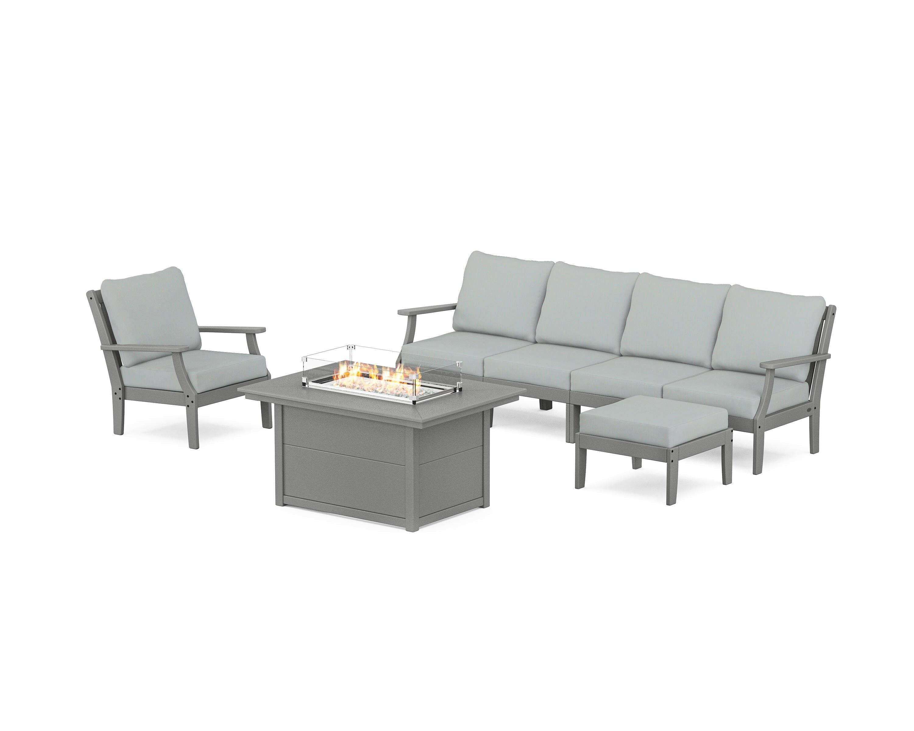 POLYWOOD® Braxton Sectional Lounge and Fire Pit Set in Slate Grey / Spa