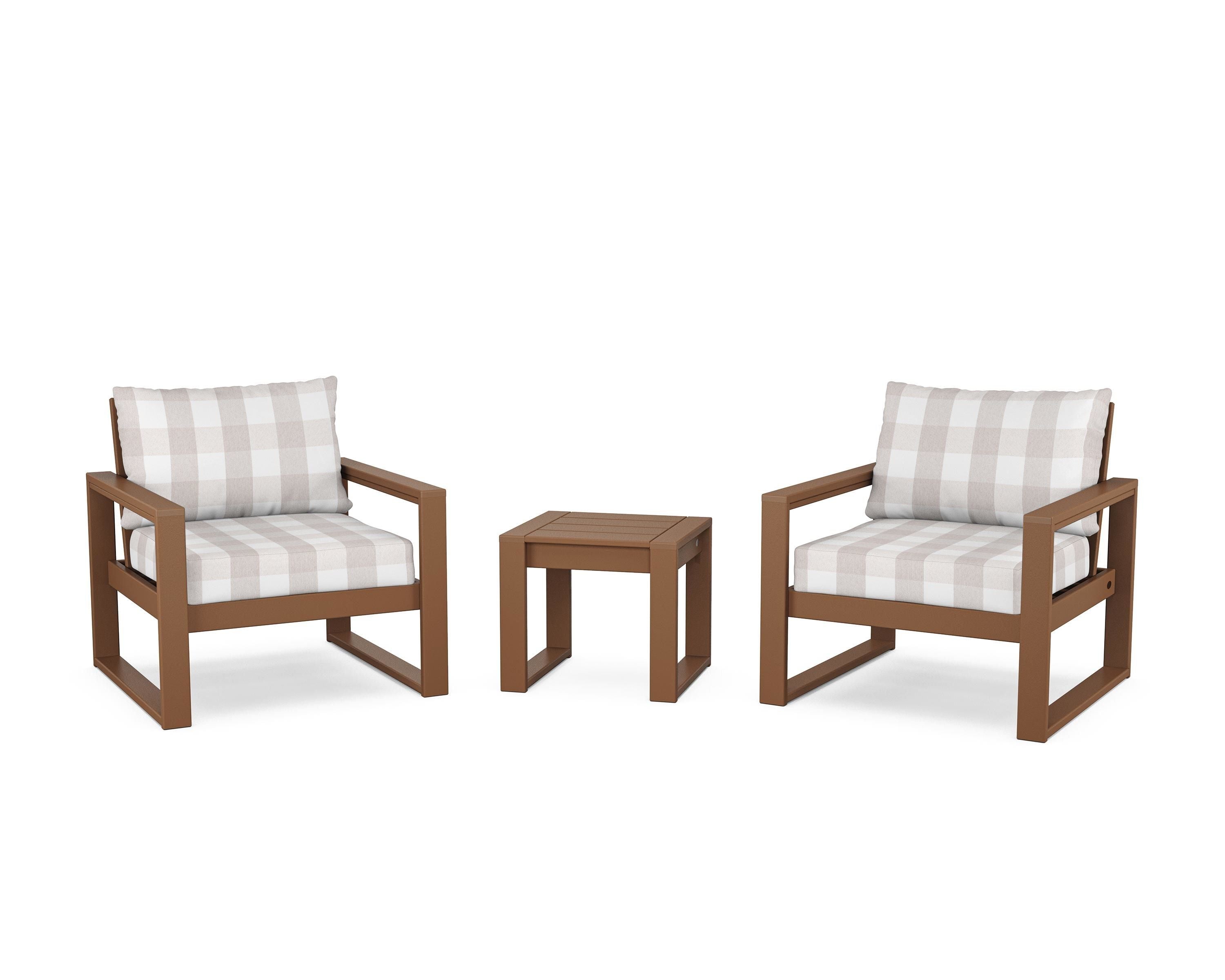 POLYWOOD® EDGE Sectional 3-Piece Deep Seating Set in Teak / Buffalo Plaid Dune Burlap