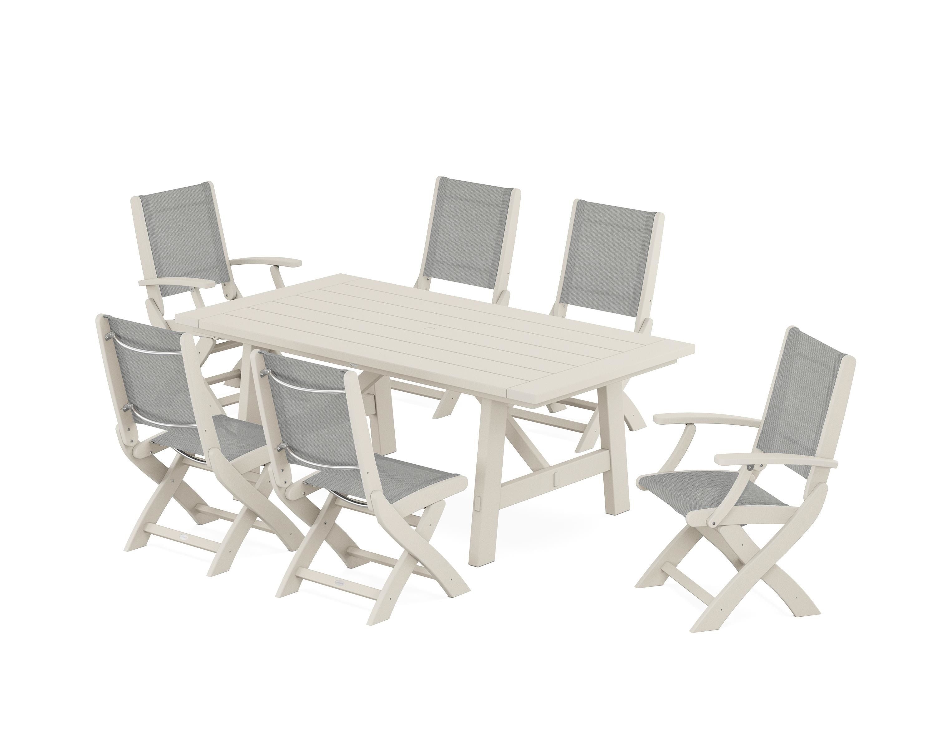 POLYWOOD® Coastal Folding Chair 7-Piece Rustic Farmhouse Dining Set in Sand / Metallic Sling