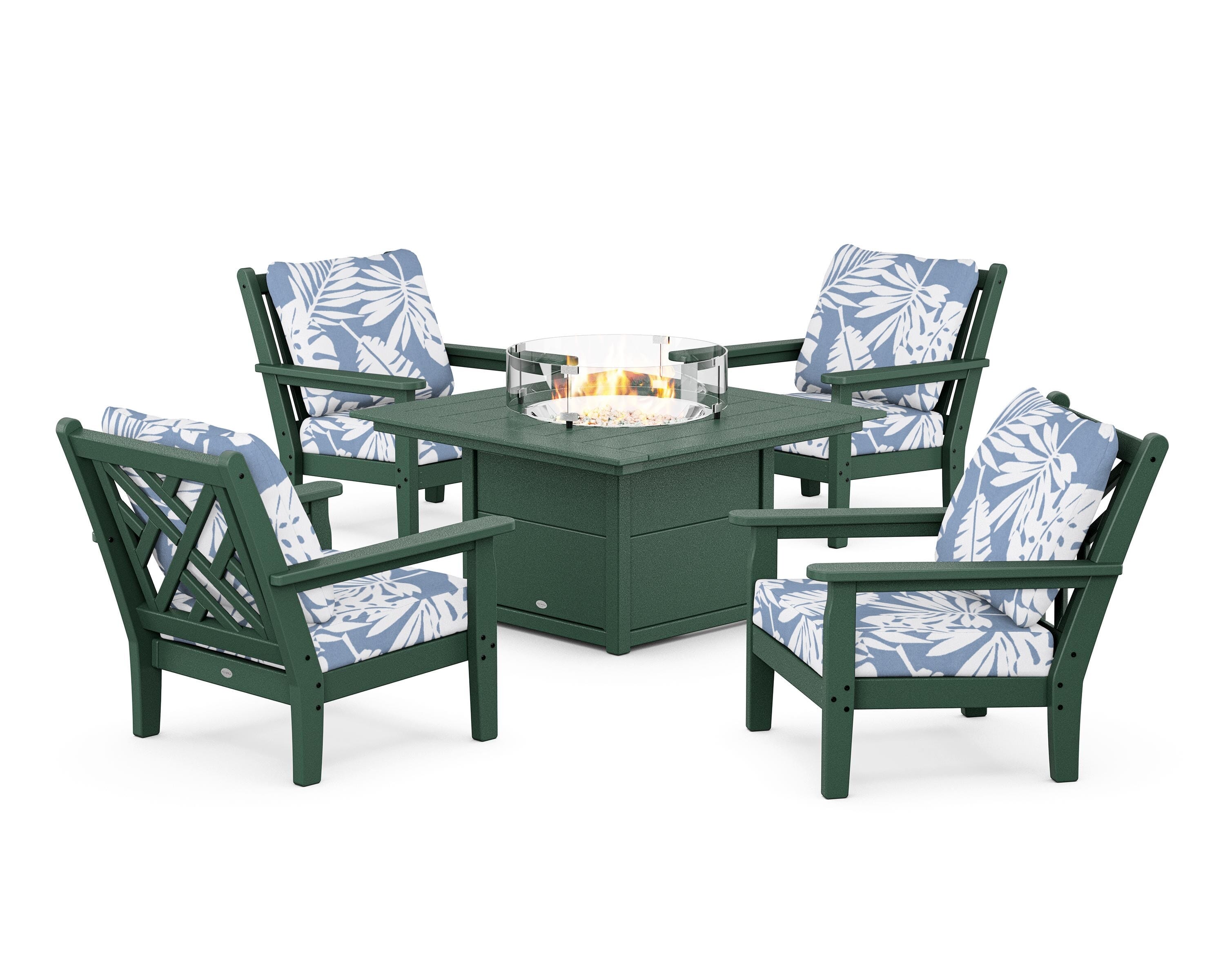 POLYWOOD® Chippendale 5-Piece Deep Seating Set with Fire Pit Table in Green / Leaf Sky Blue