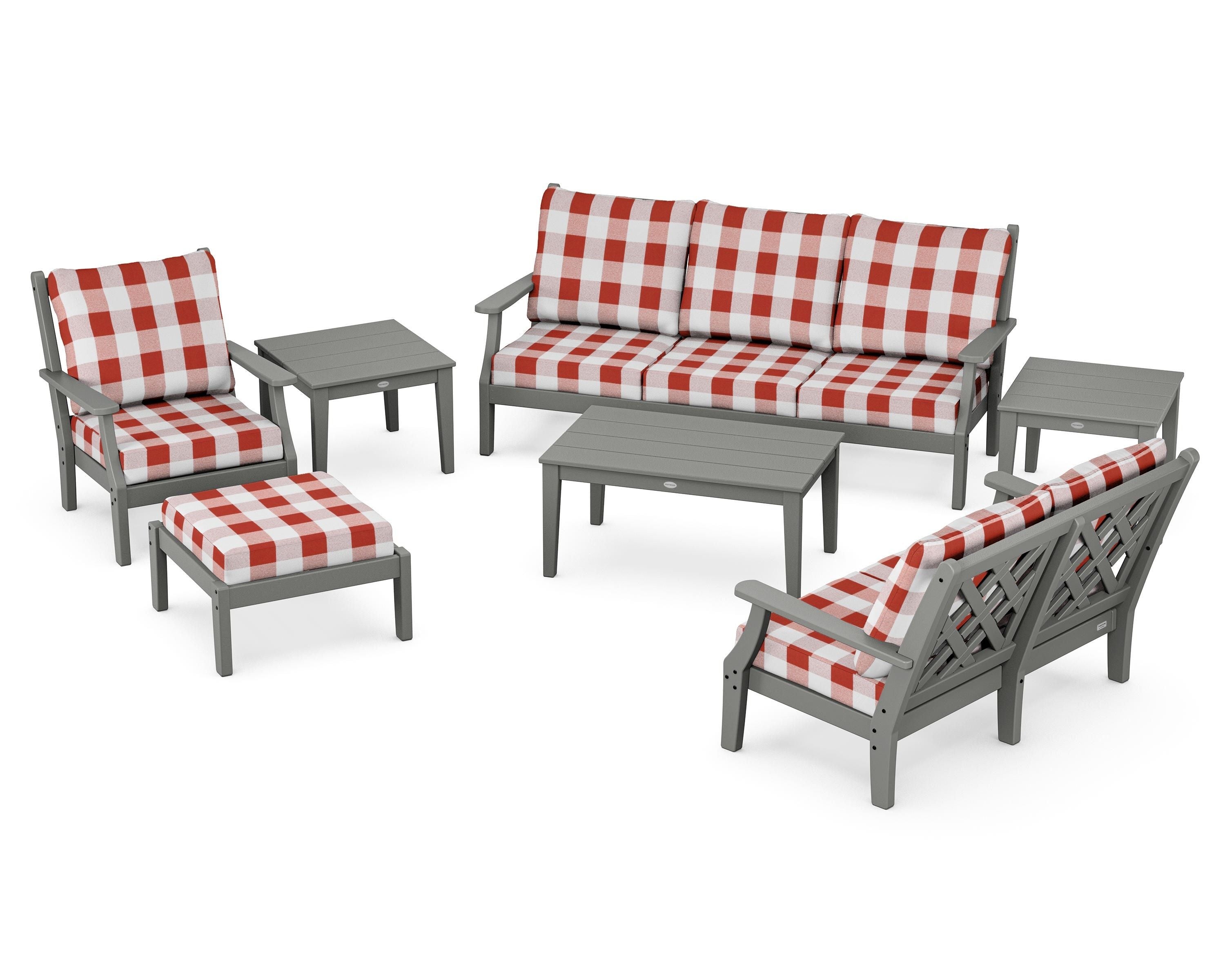 Country Living Wovendale 7-Piece Deep Seating Set in Slate Grey / Buffalo Plaid Crimson
