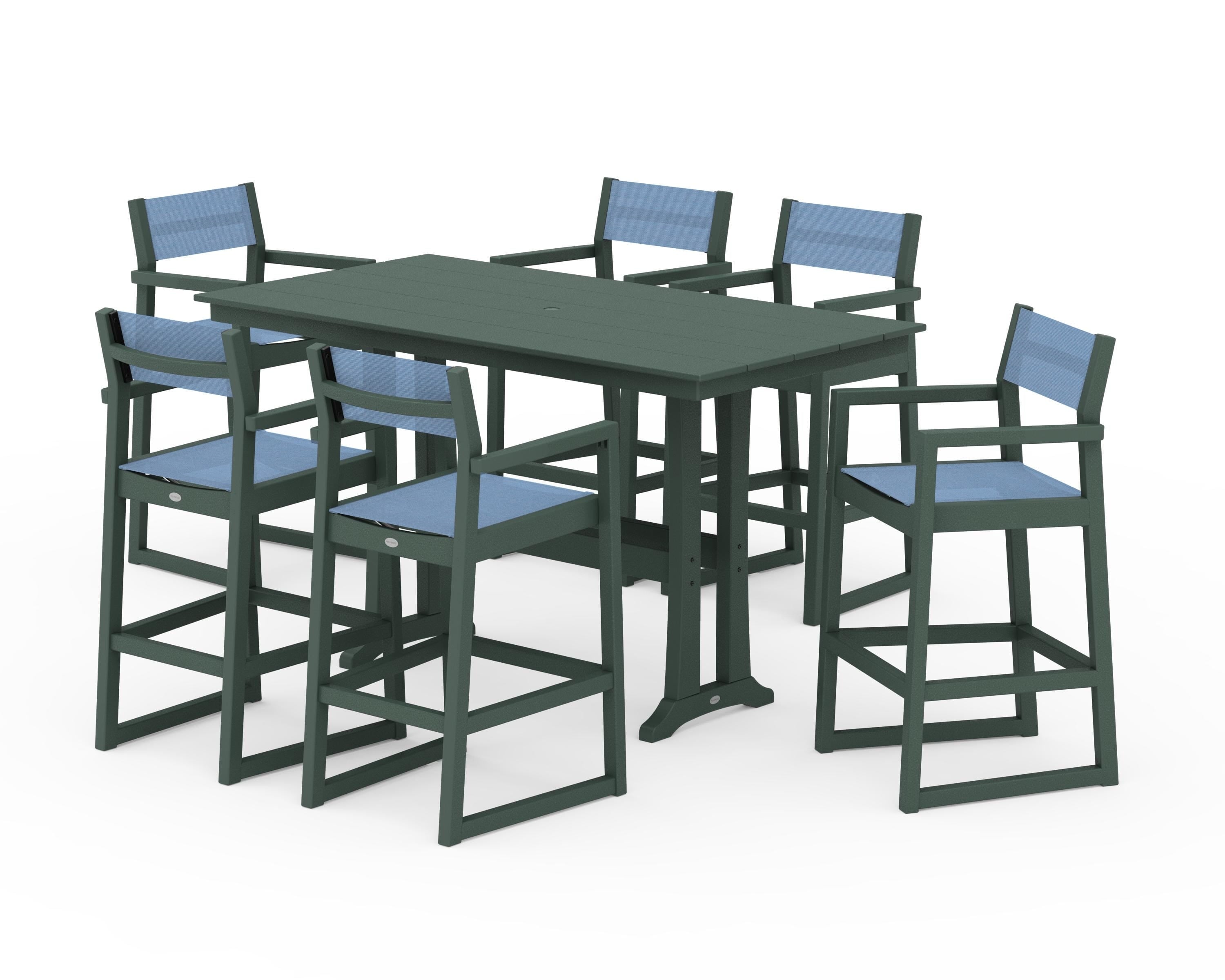 POLYWOOD® EDGE Sling Arm Chair 7-Piece Farmhouse Bar Set with Trestle Legs in Green / Poolside Sling
