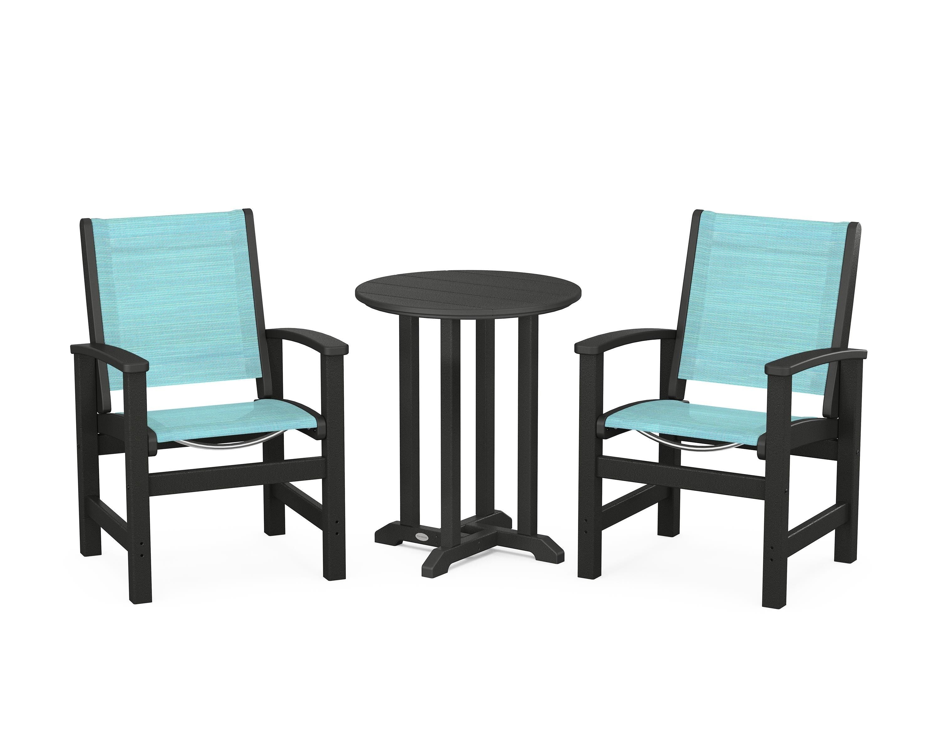 POLYWOOD® Coastal 3-Piece Round Bistro Dining Set in Black / Dupioni Aquamarine Sling
