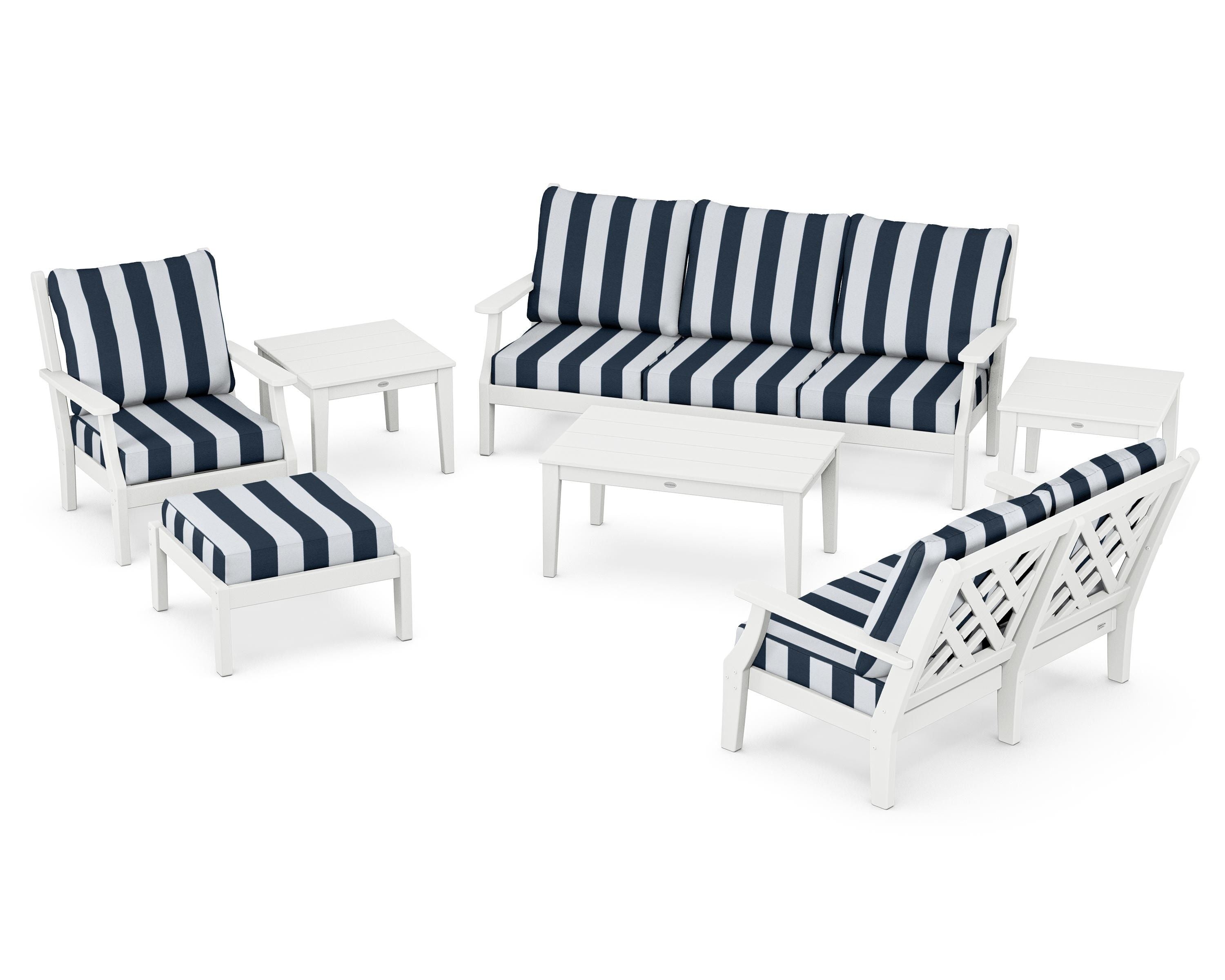Country Living Wovendale 7-Piece Deep Seating Set in White / Cabana Stripe Marine Indigo