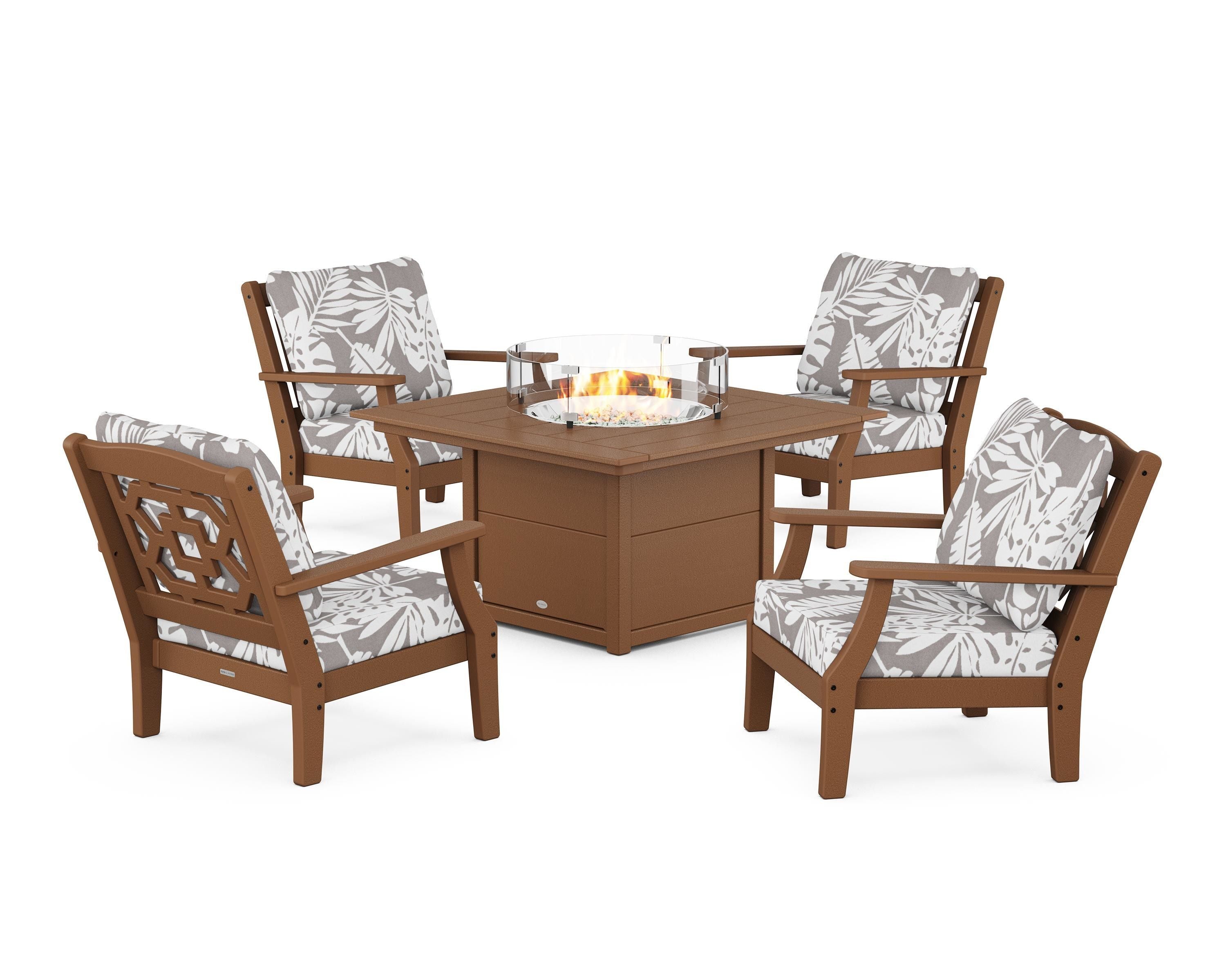 Martha Stewart by POLYWOOD® Chinoiserie 5-Piece Deep Seating Set with Fire Pit Table in Teak / Leaf Grey Mist