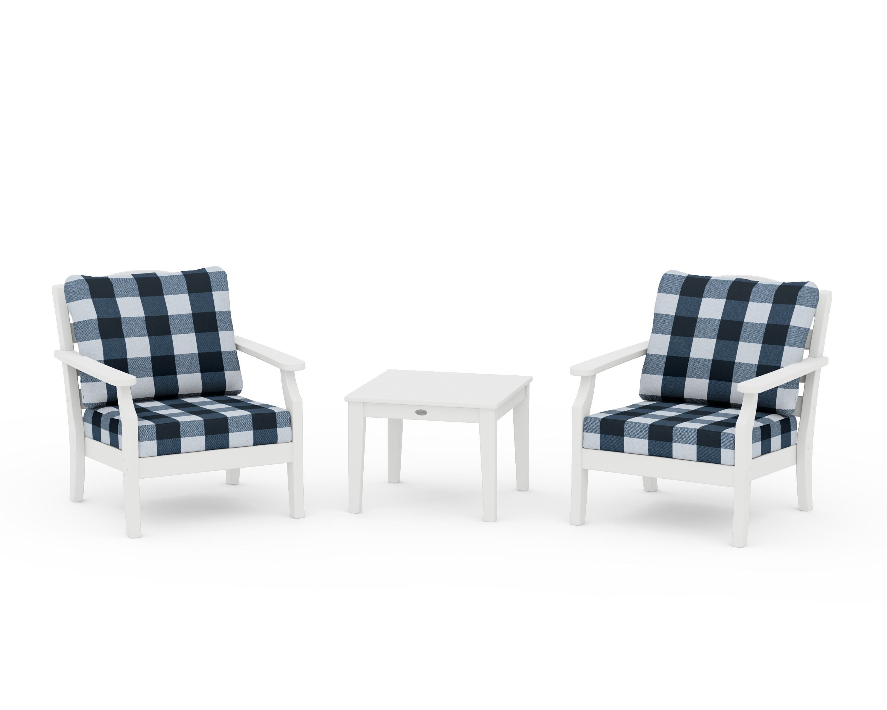 Draper James™ by POLYWOOD® Savannah 3-Piece Deep Seating Set in White / Buffalo Plaid Marine Indigo