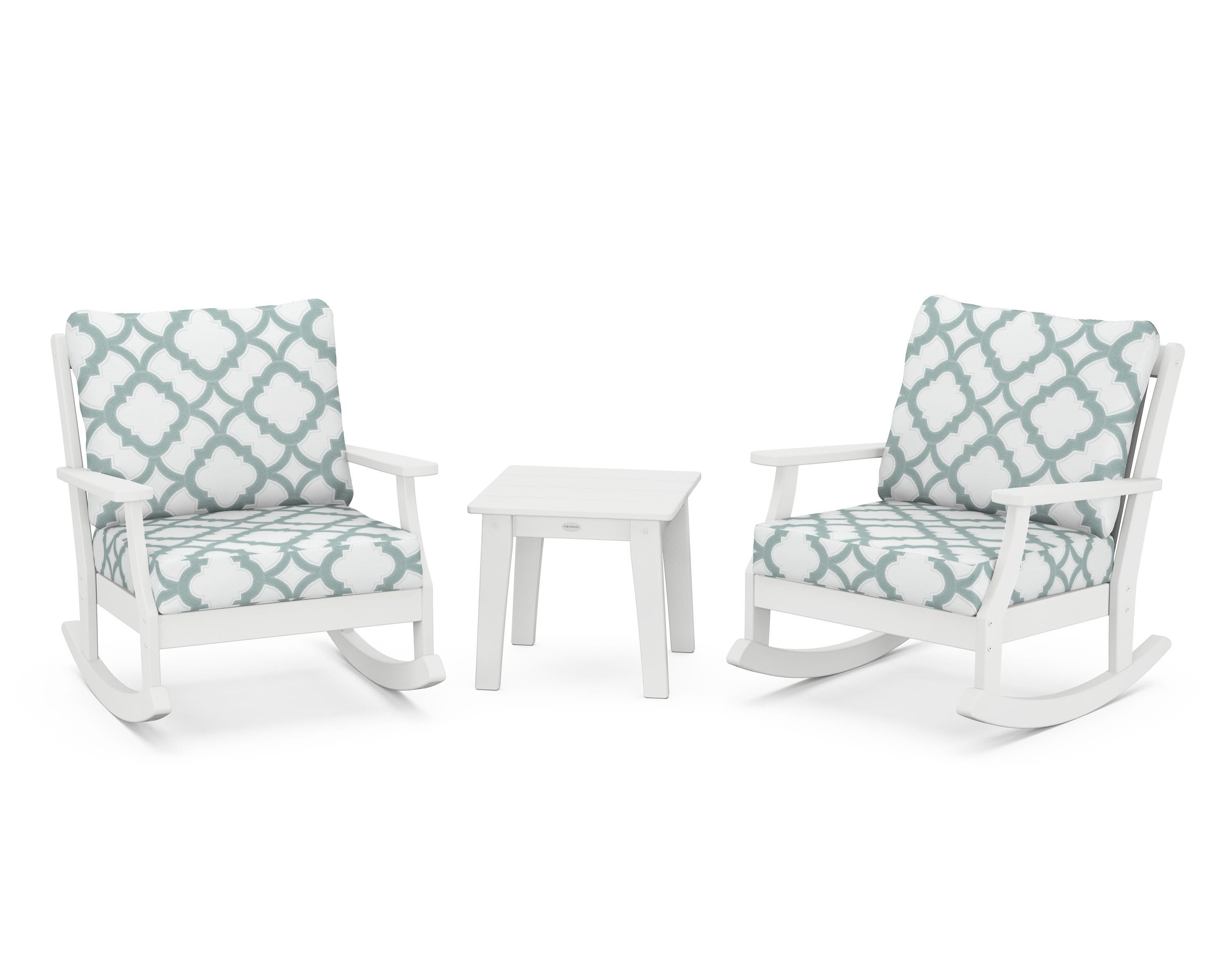POLYWOOD® Braxton 3-Piece Deep Seating Rocker Set in White / Trellis Glacier Spa