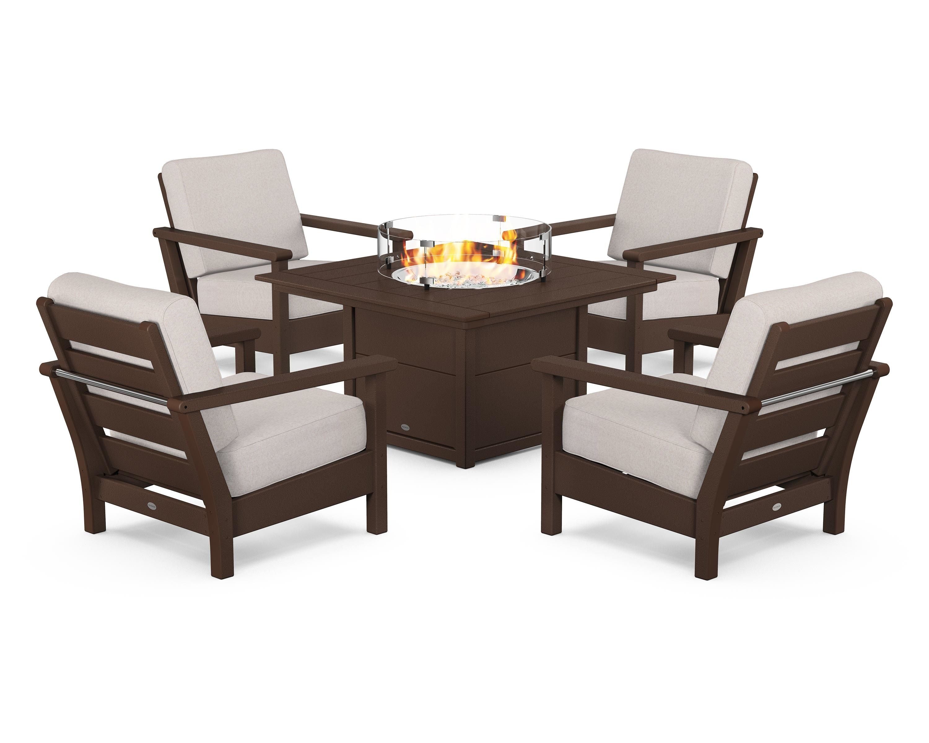 POLYWOOD® Harbour 5-Piece Conversation Set with Fire Pit Table in Mahogany / Dune Burlap