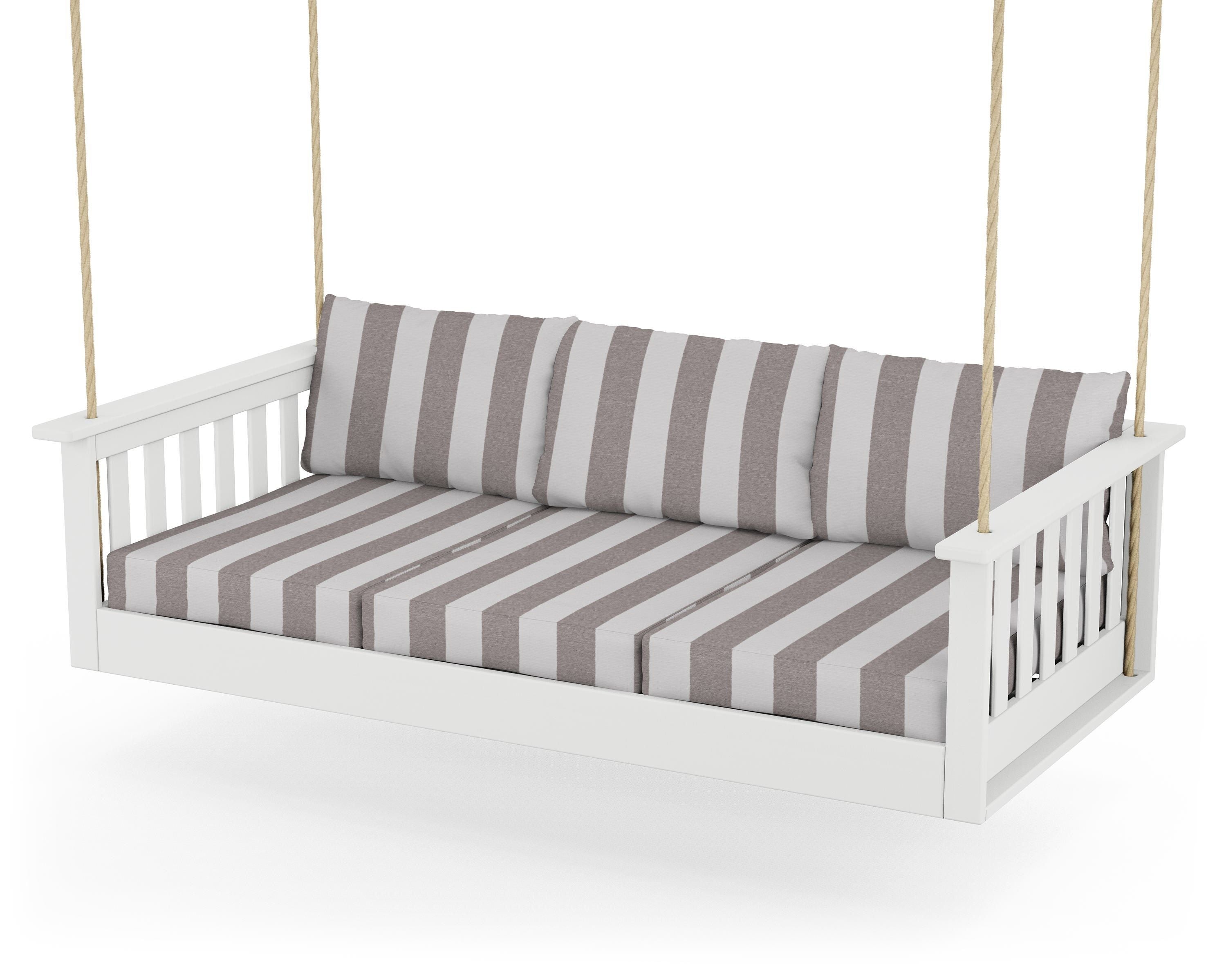 POLYWOOD® Vineyard Daybed Swing in White / Cabana Stripe Grey Mist