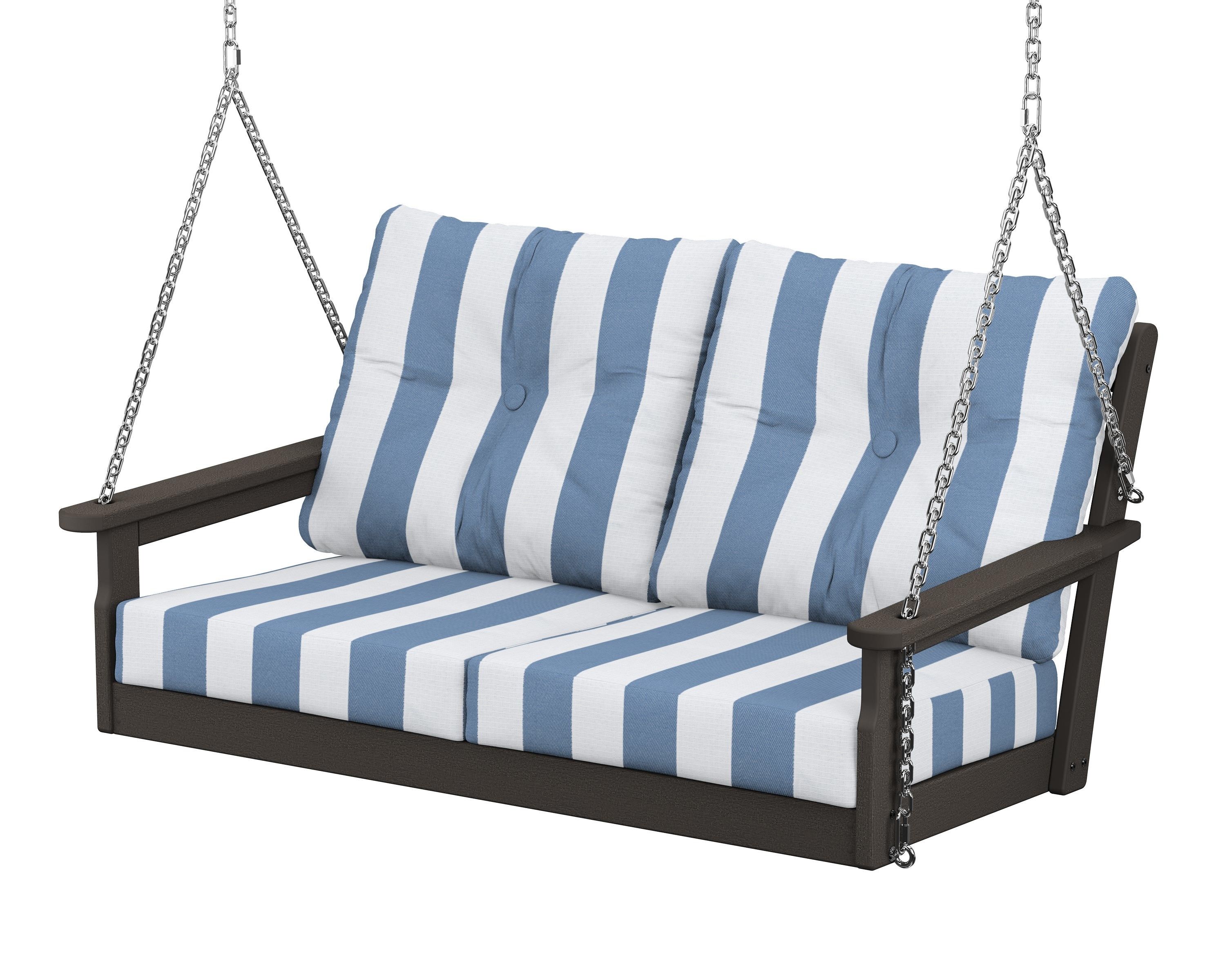 POLYWOOD® Vineyard Deep Seating Swing in Vintage Coffee / Cabana Stripe Sky Blue