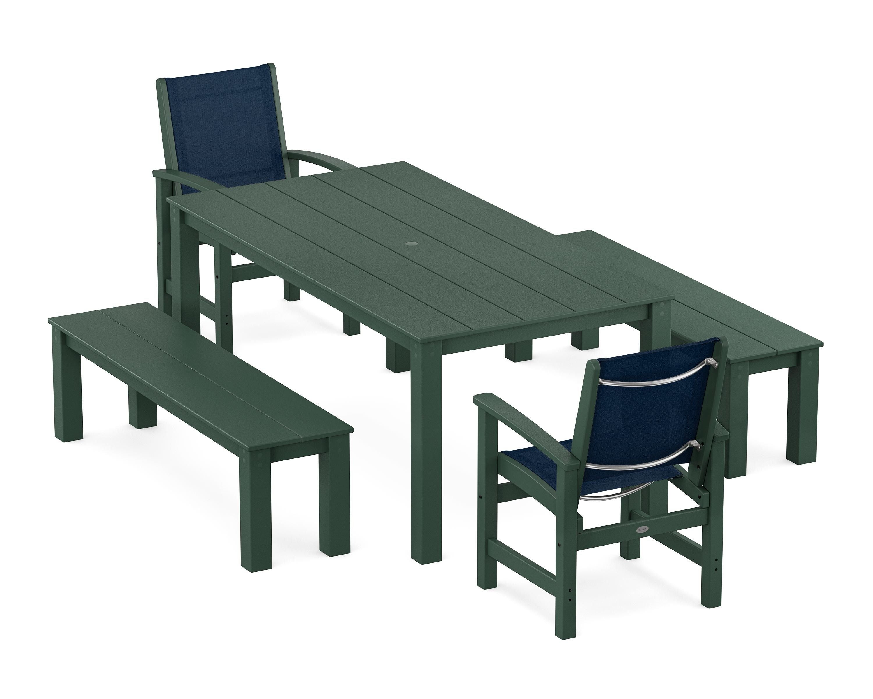 POLYWOOD® Coastal 5-Piece Parsons Dining Set with Benches in Green / Navy Blue Sling