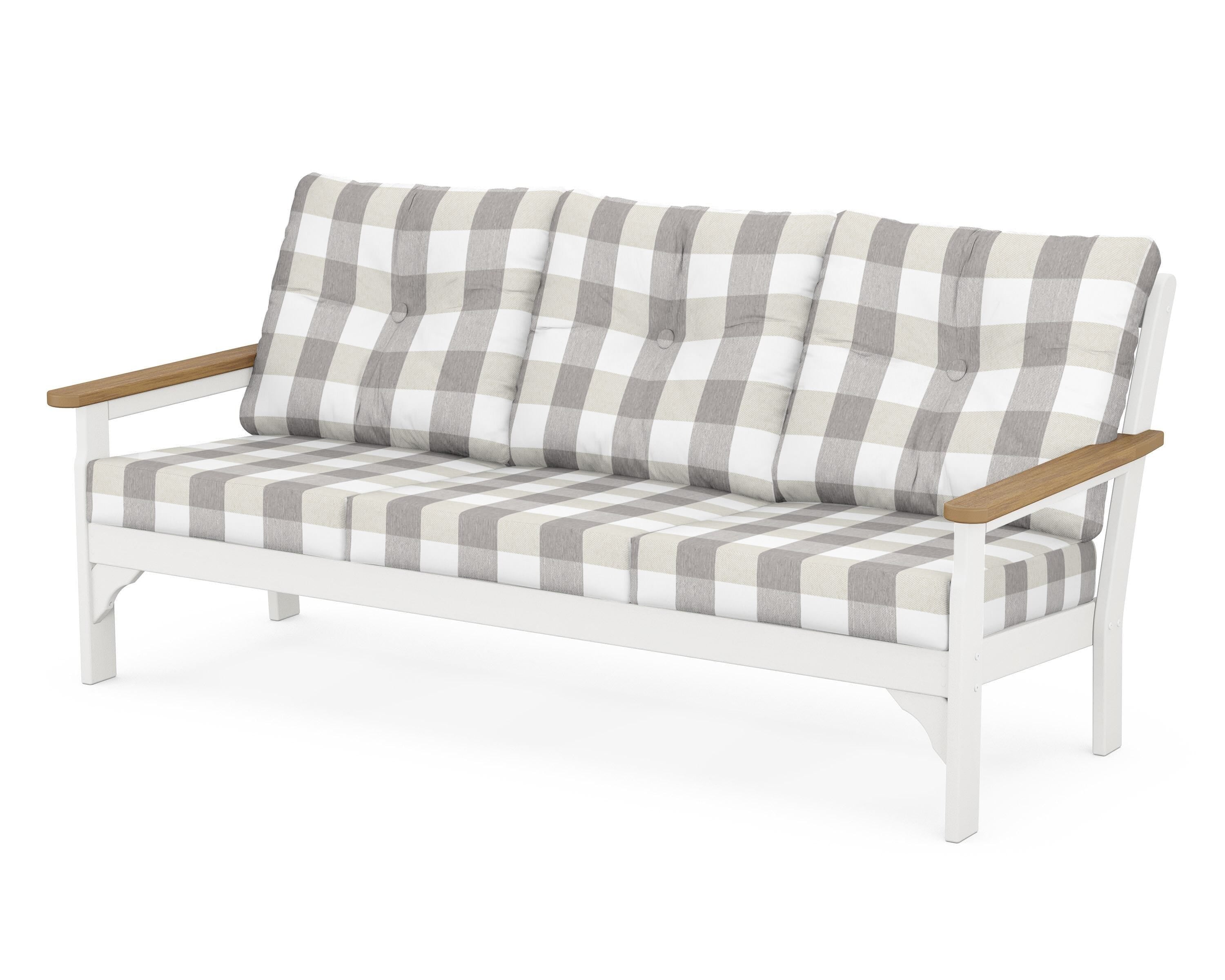 POLYWOOD® Vineyard Deep Seating Sofa in White / Natural / Buffalo Plaid Grey Mist