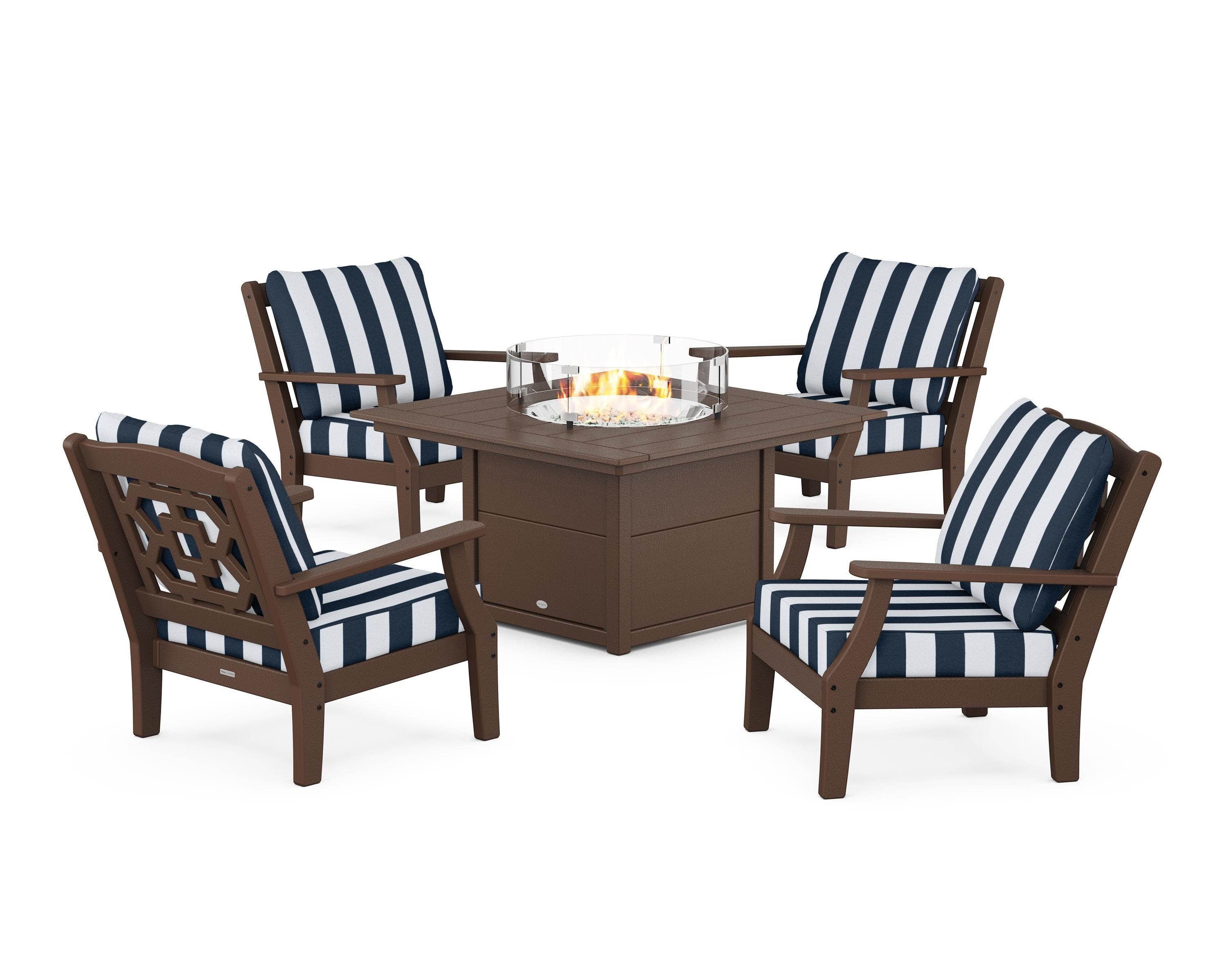 Martha Stewart by POLYWOOD® Chinoiserie 5-Piece Deep Seating Set with Fire Pit Table in Mahogany / Cabana Stripe Marine Indigo