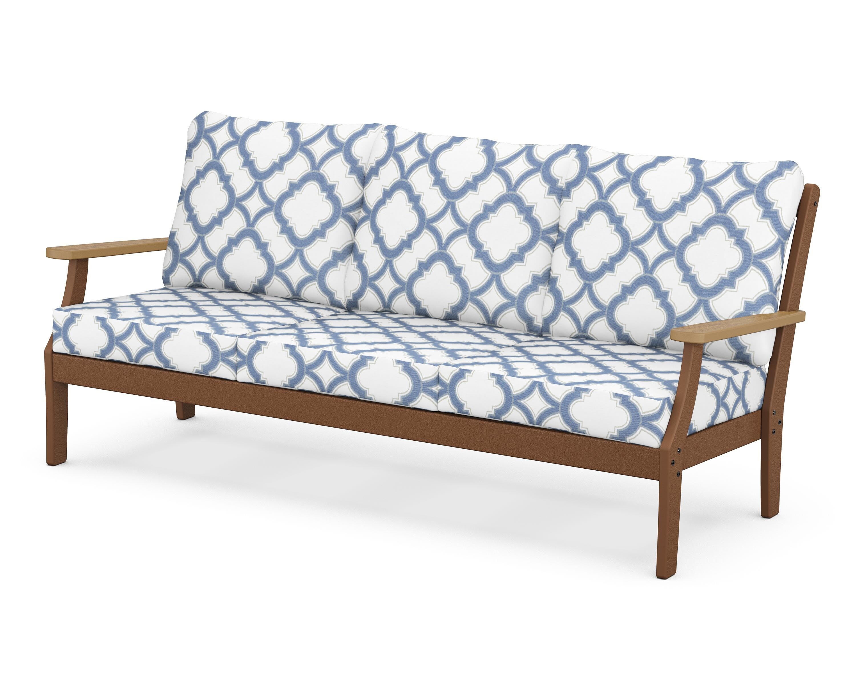 POLYWOOD® Braxton Deep Seating Sofa in Teak / Natural / Trellis Sky Blue